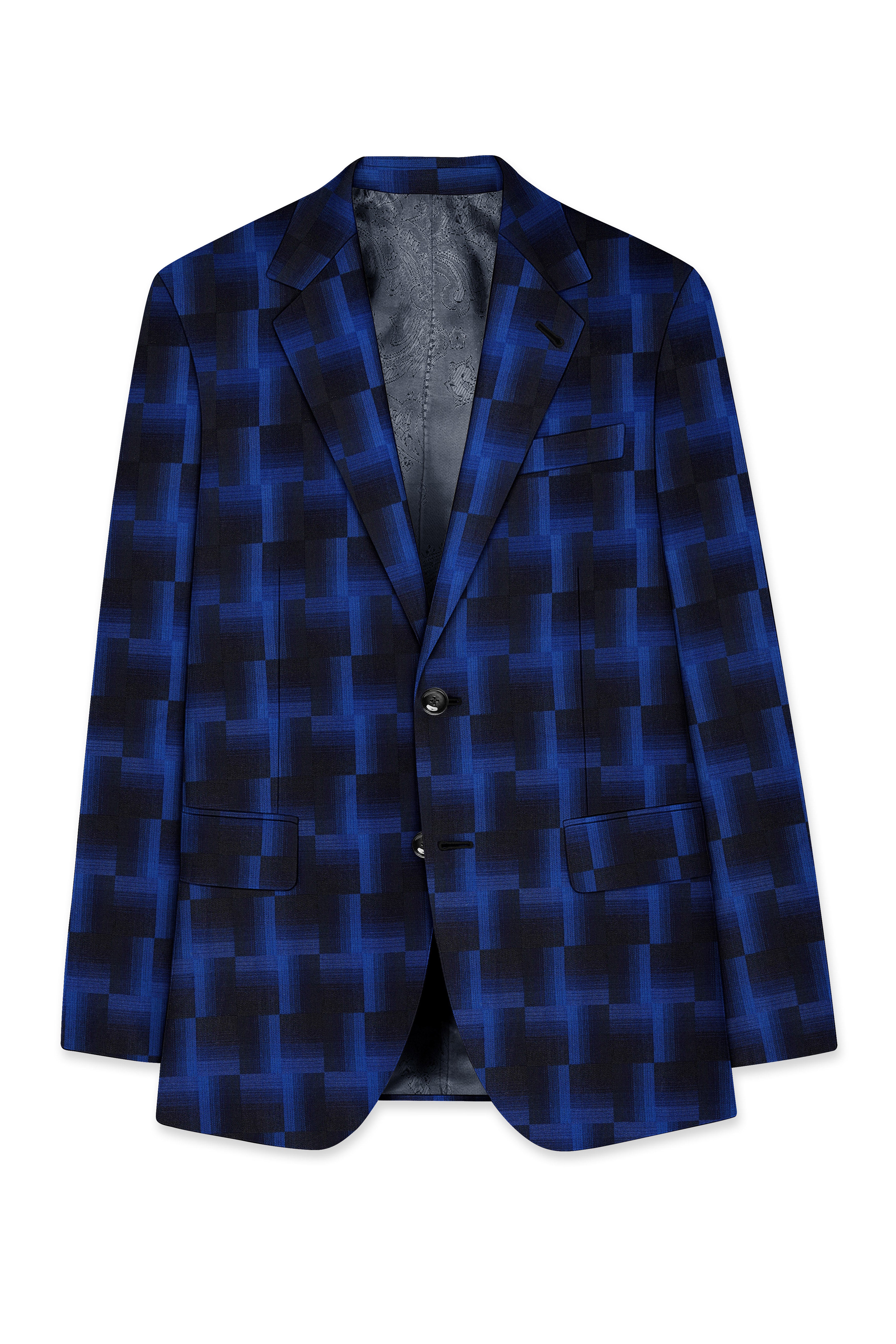 Marine Blue and Black Geometric Pattern Wool Rich Blazer