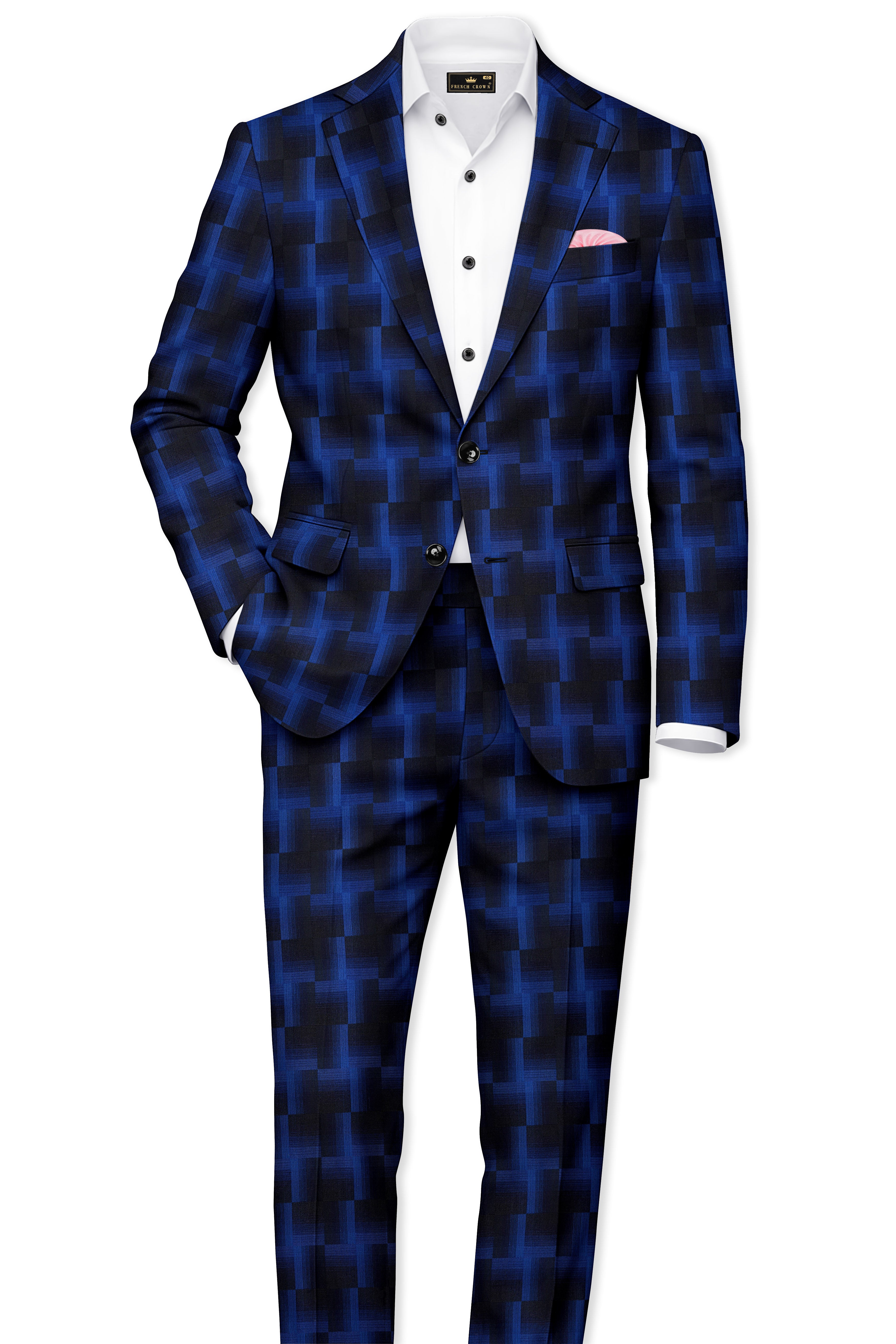 Marine Blue and Black Geometric Pattern Wool Rich Blazer