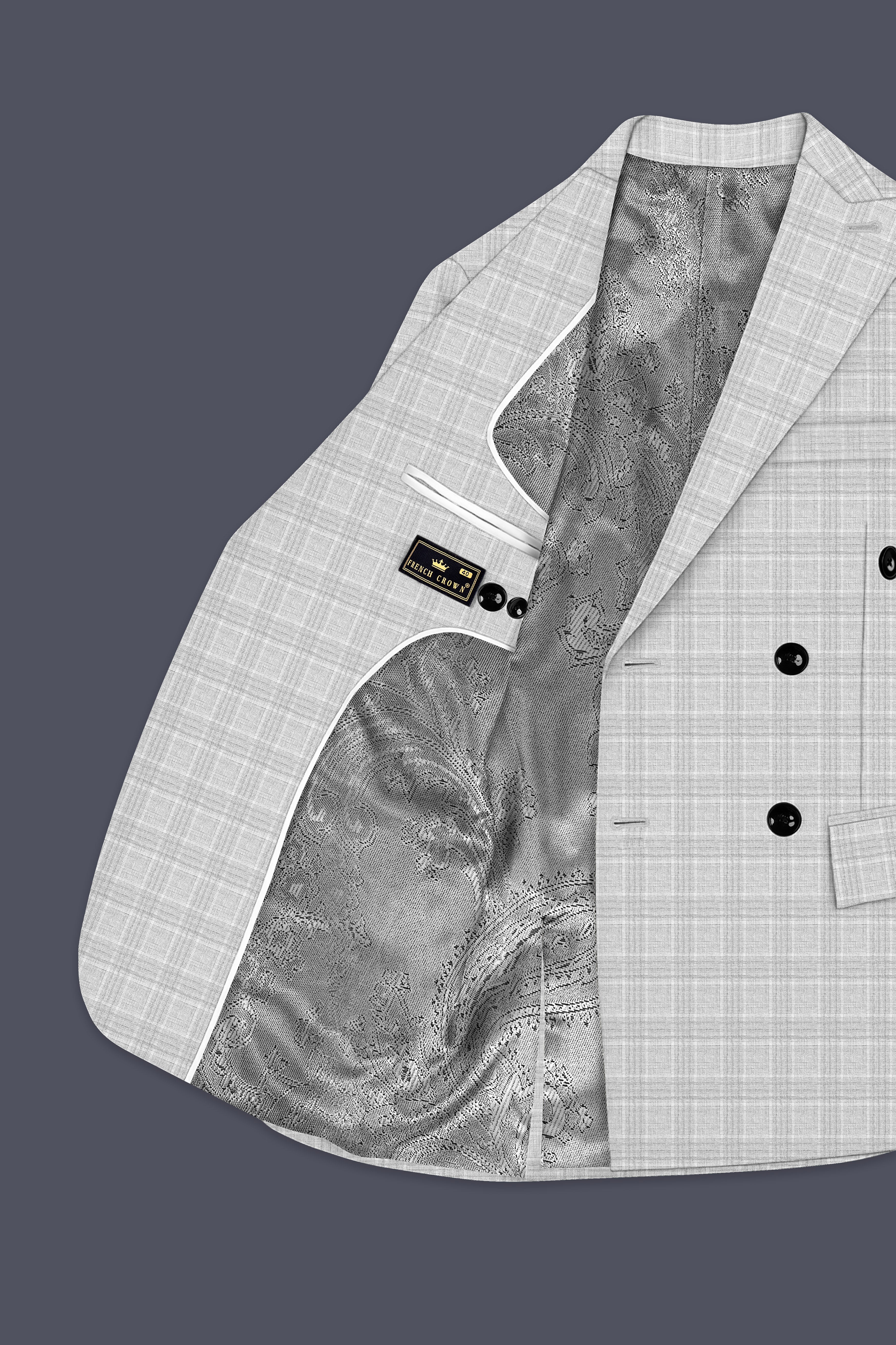 Cloud Gray Plaid Wool Rich Double Breasted Blazer