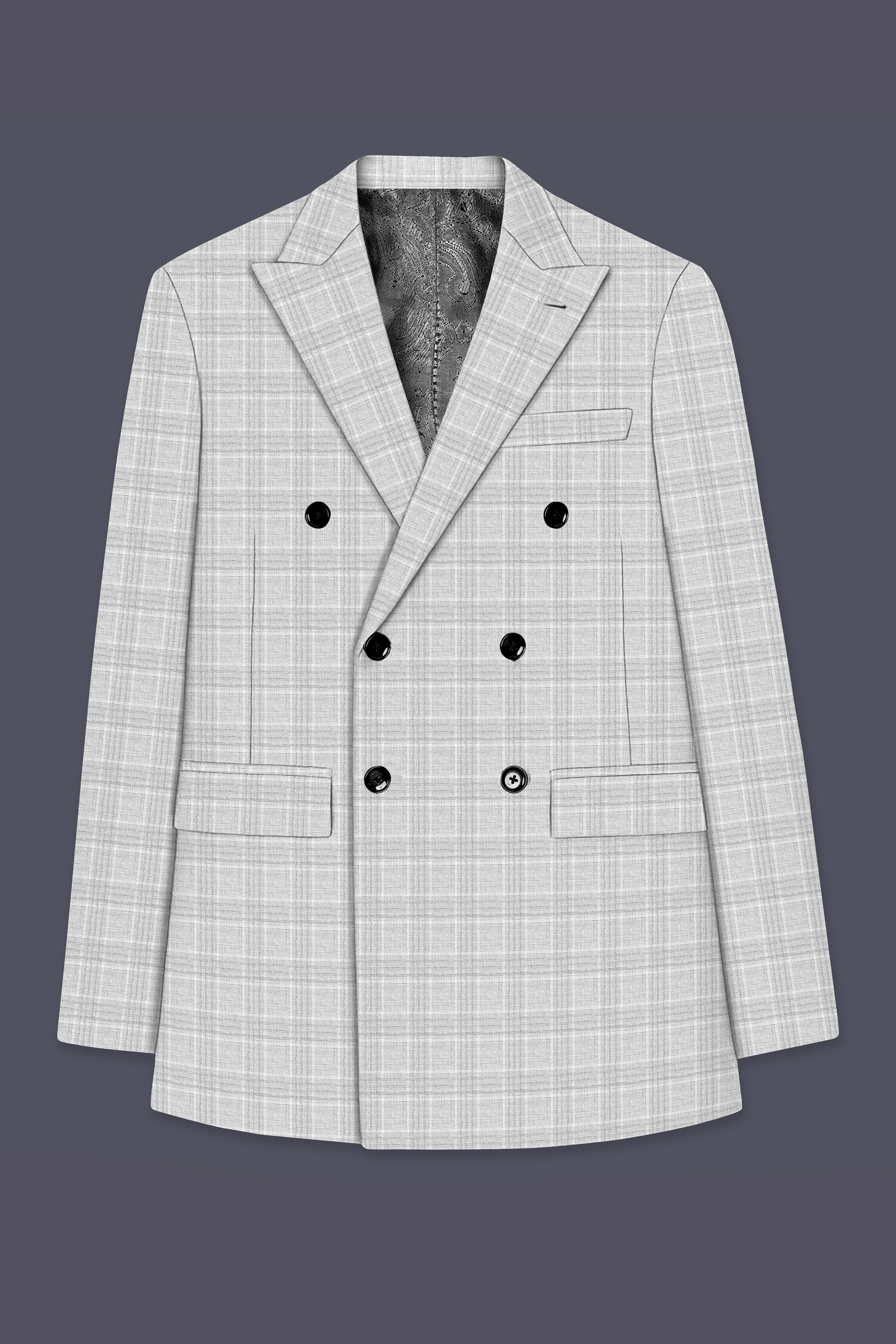 Cloud Gray Plaid Wool Rich Double Breasted Blazer