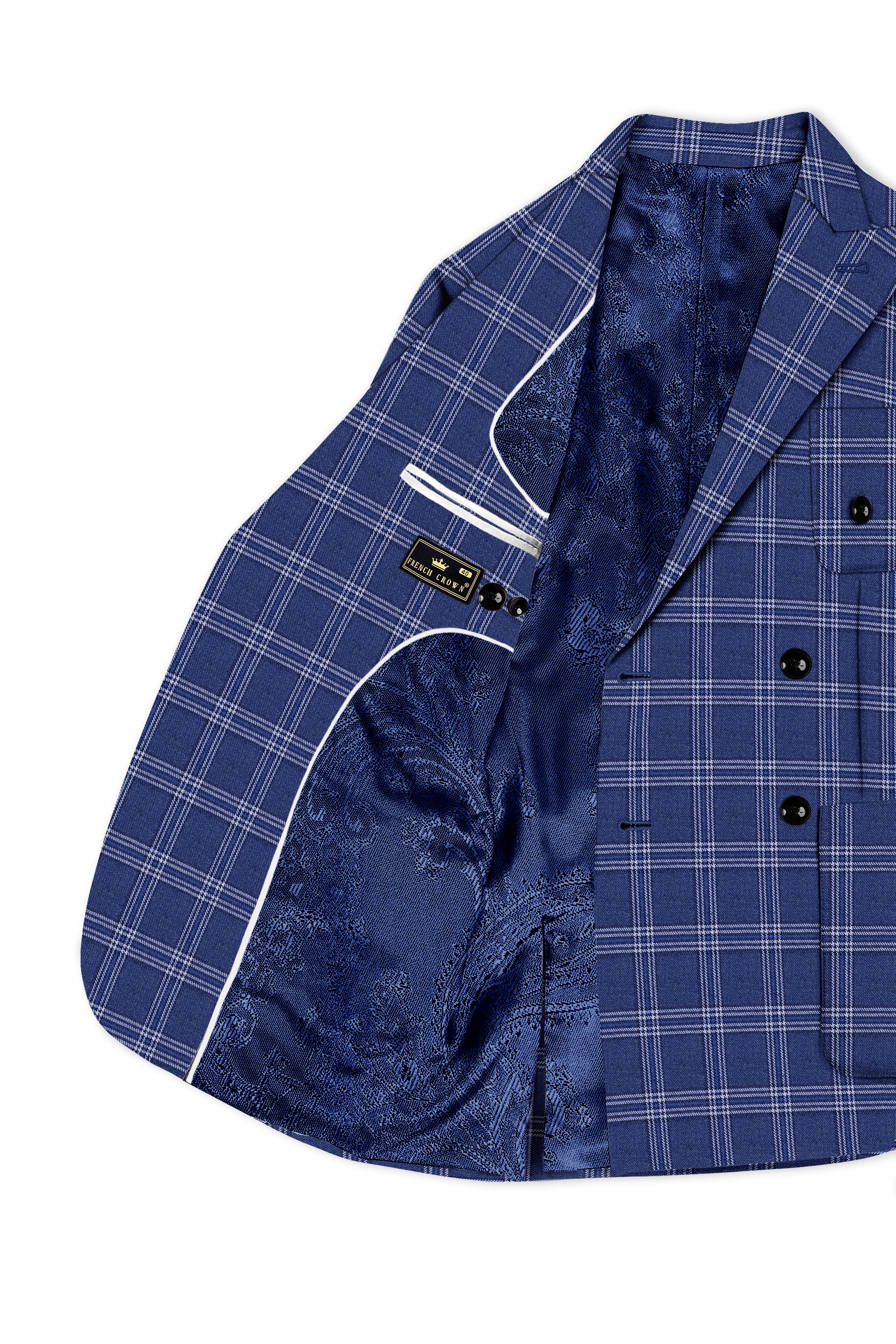 Cloud Blue and White Plaid Tweed Double Breasted Blazer