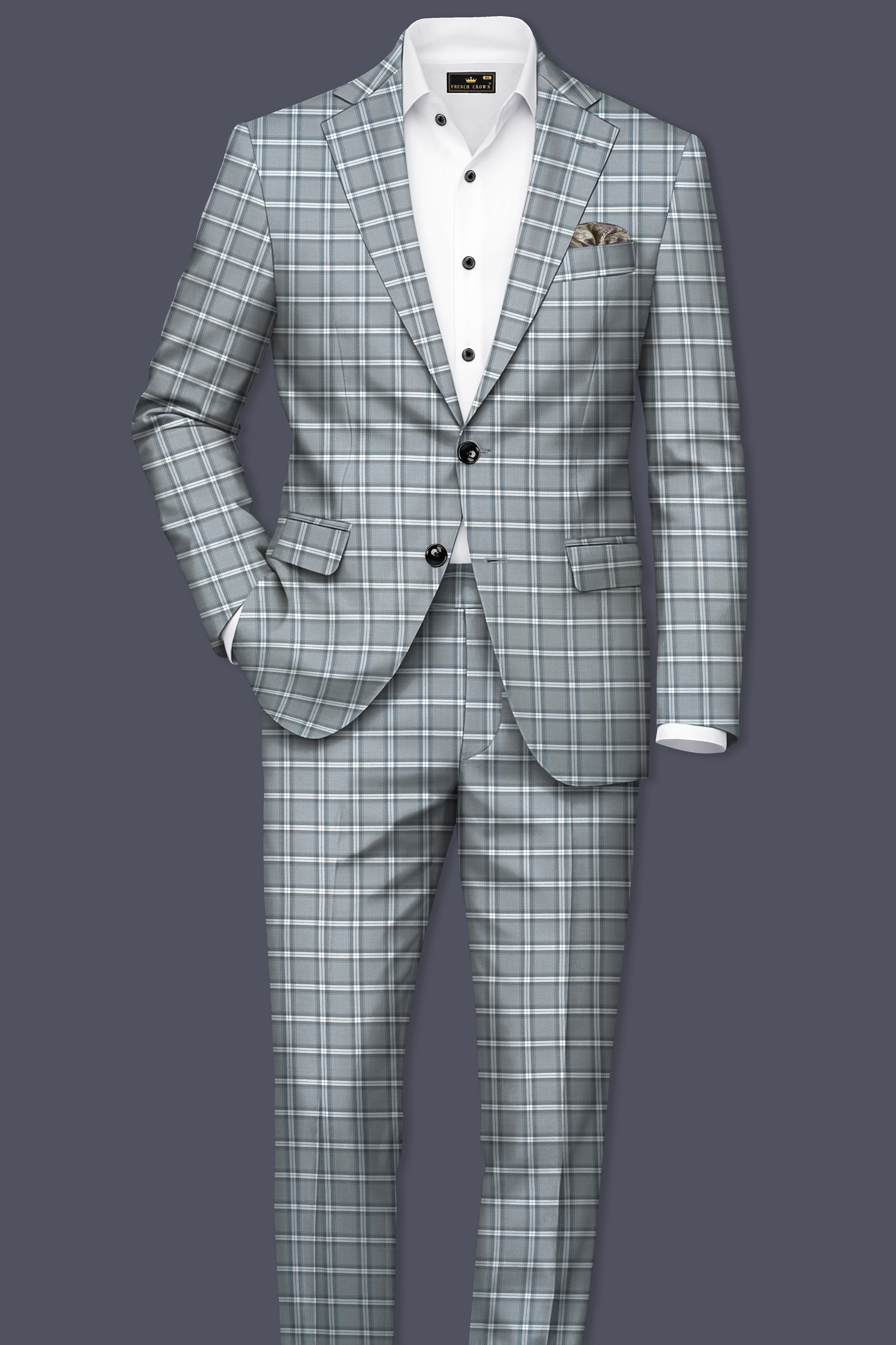 Pewter Gray and White Windowpane Wool Rich Blazer