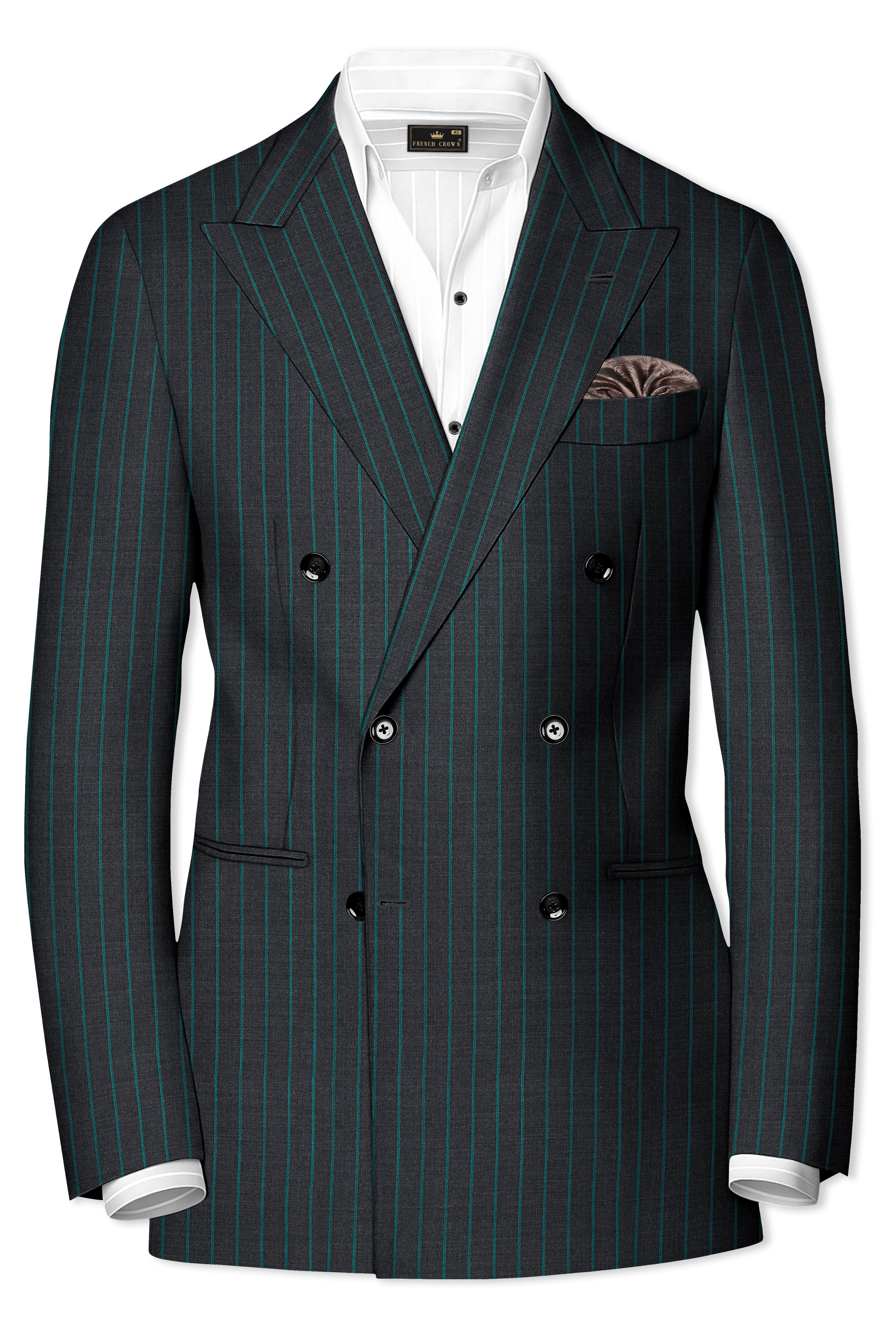 Gravel Gray and Lagoon Blue Striped Wool Rich Double Breasted Blazer