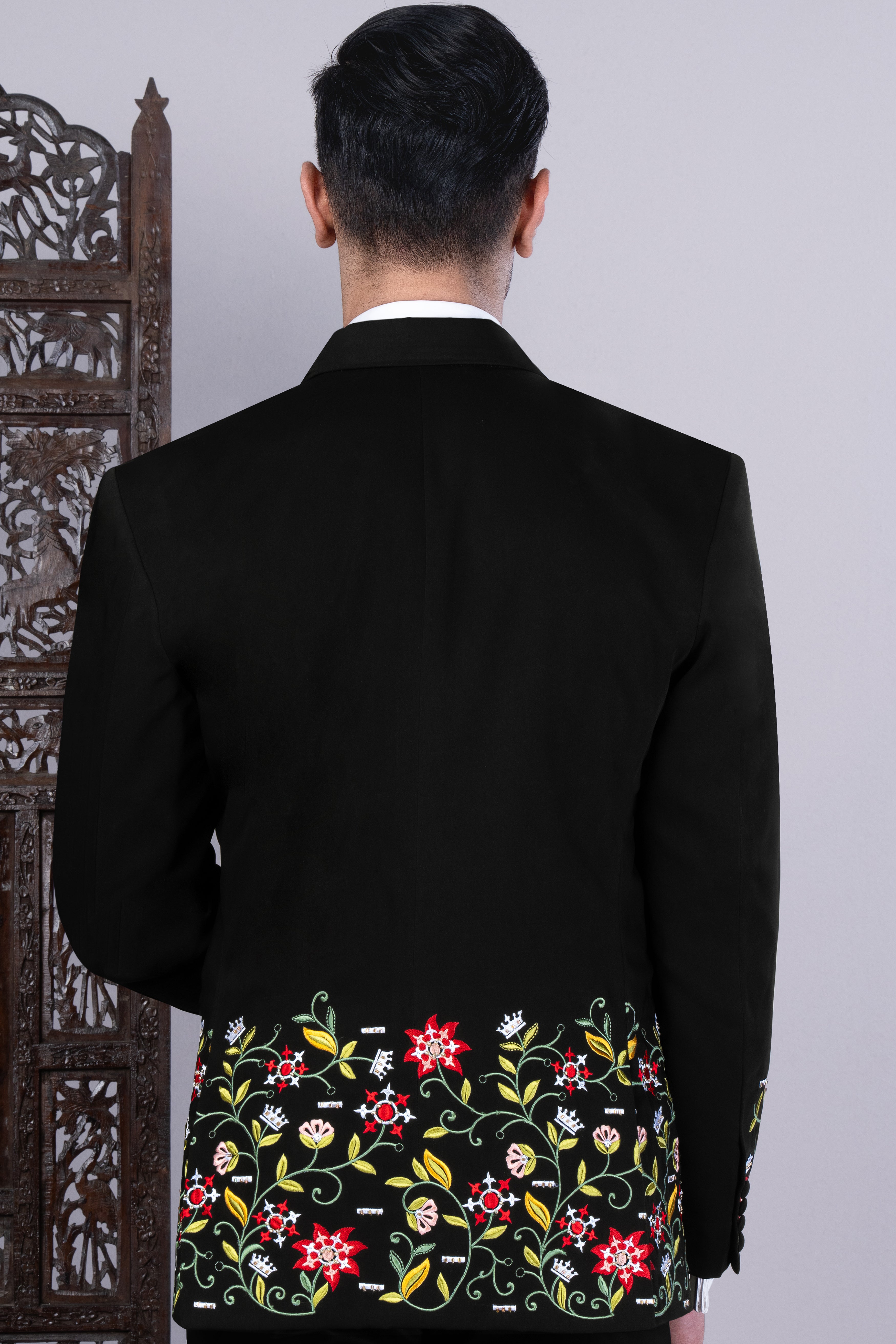 Korean Black (The Best Black We Have) Floral Embroidered Wool Rich Designer Tuxedo Blazer BL3274-SBP-BKPL-FB-E349-36, BL3274-SBP-BKPL-FB-E349-38, BL3274-SBP-BKPL-FB-E349-40, BL3274-SBP-BKPL-FB-E349-42, BL3274-SBP-BKPL-FB-E349-44, BL3274-SBP-BKPL-FB-E349-46, BL3274-SBP-BKPL-FB-E349-48, BL3274-SBP-BKPL-FB-E349-50, BL3274-SBP-BKPL-FB-E349-52, BL3274-SBP-BKPL-FB-E349-54, BL3274-SBP-BKPL-FB-E349-56, BL3274-SBP-BKPL-FB-E349-58, BL3274-SBP-BKPL-FB-E349-60