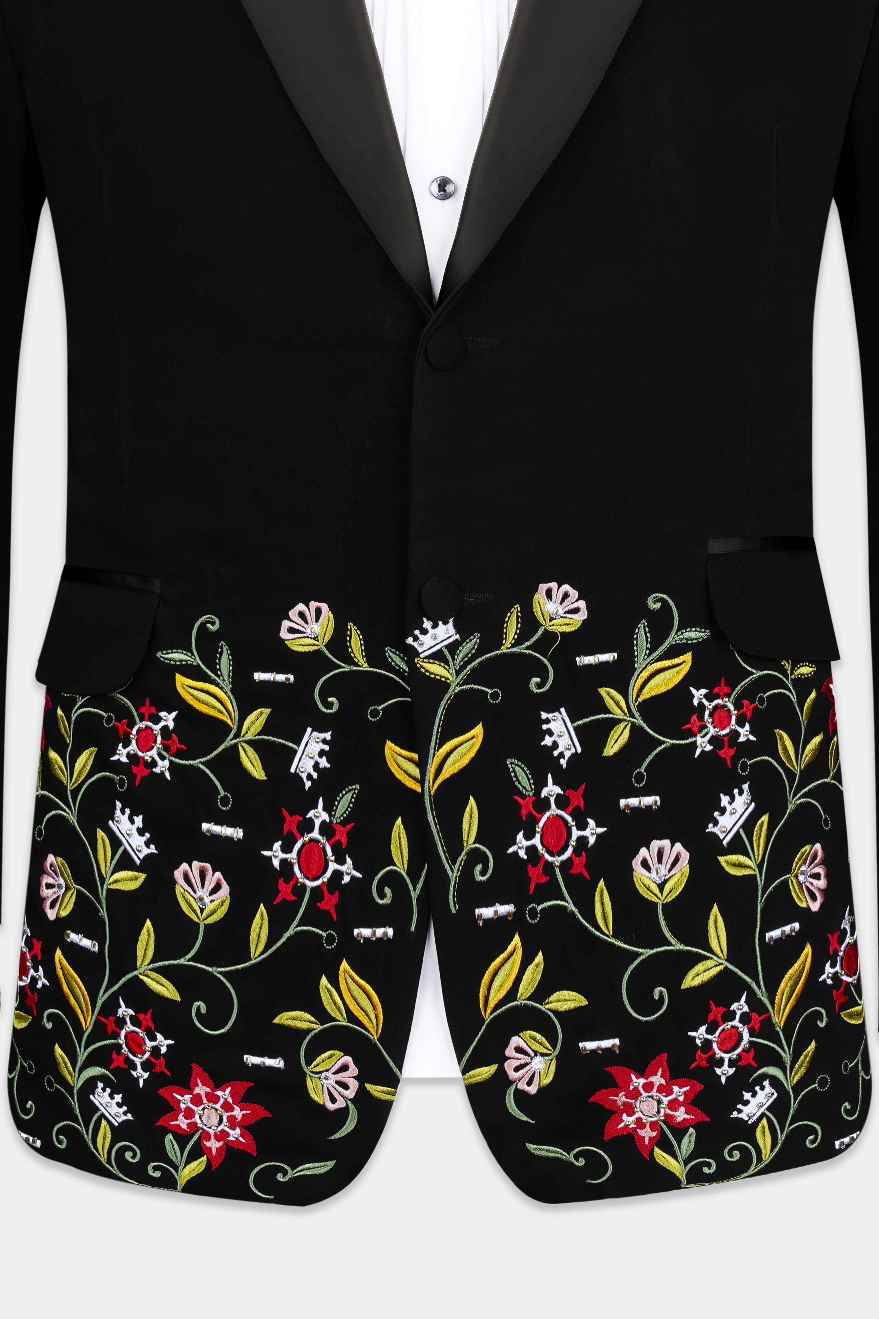 Korean Black (The Best Black We Have) Floral Embroidered Wool Rich Designer Tuxedo Blazer BL3274-SBP-BKPL-FB-E349-36, BL3274-SBP-BKPL-FB-E349-38, BL3274-SBP-BKPL-FB-E349-40, BL3274-SBP-BKPL-FB-E349-42, BL3274-SBP-BKPL-FB-E349-44, BL3274-SBP-BKPL-FB-E349-46, BL3274-SBP-BKPL-FB-E349-48, BL3274-SBP-BKPL-FB-E349-50, BL3274-SBP-BKPL-FB-E349-52, BL3274-SBP-BKPL-FB-E349-54, BL3274-SBP-BKPL-FB-E349-56, BL3274-SBP-BKPL-FB-E349-58, BL3274-SBP-BKPL-FB-E349-60
