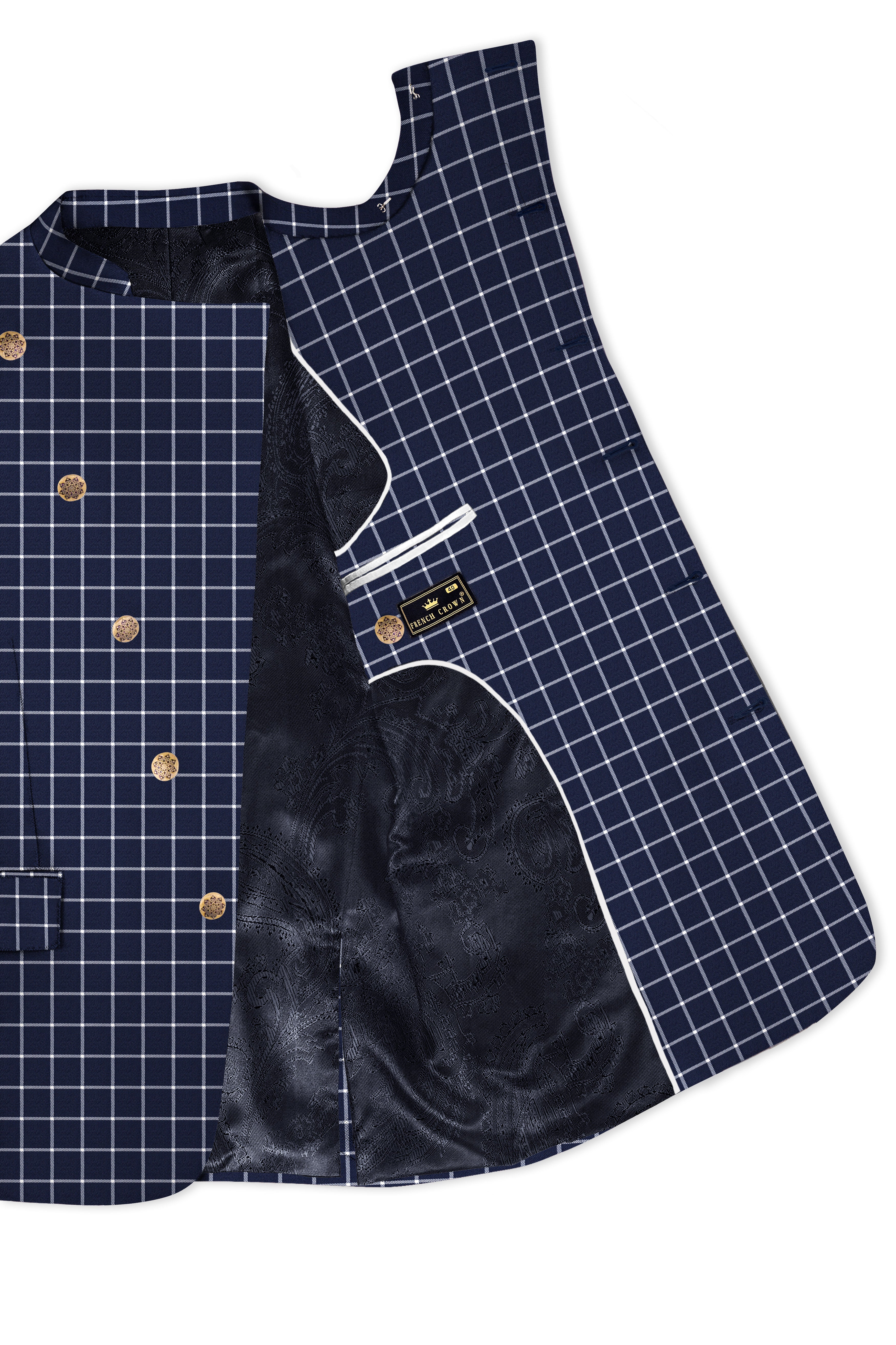 Admiral Blue and White Windowpane Wool Rich Cross Placket Bandhgala Blazer