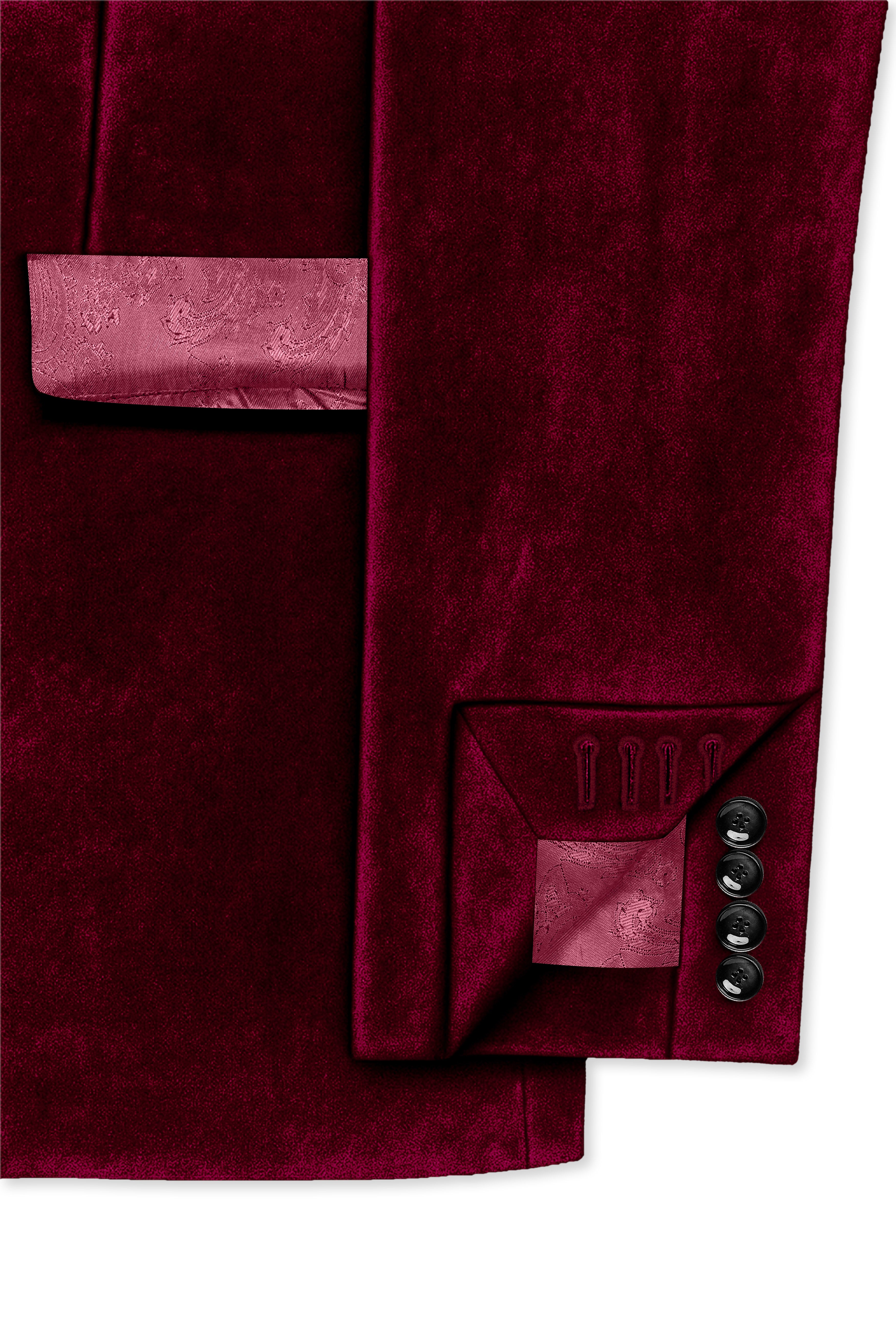 Bulgarian Maroon Crushed Velvet Peak Lapel Tuxedo Blazer