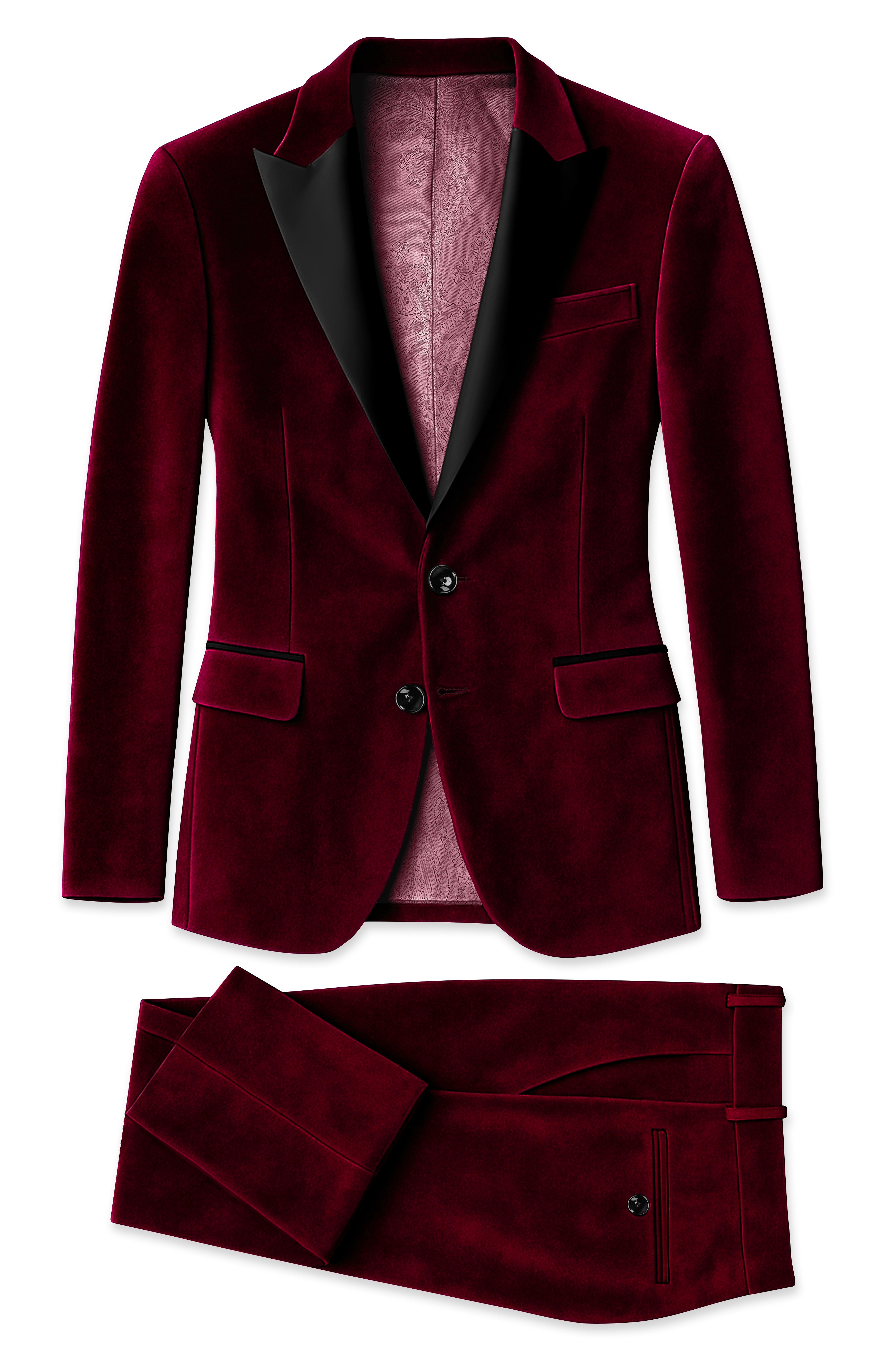Bulgarian Maroon Crushed Velvet Peak Lapel Tuxedo Blazer