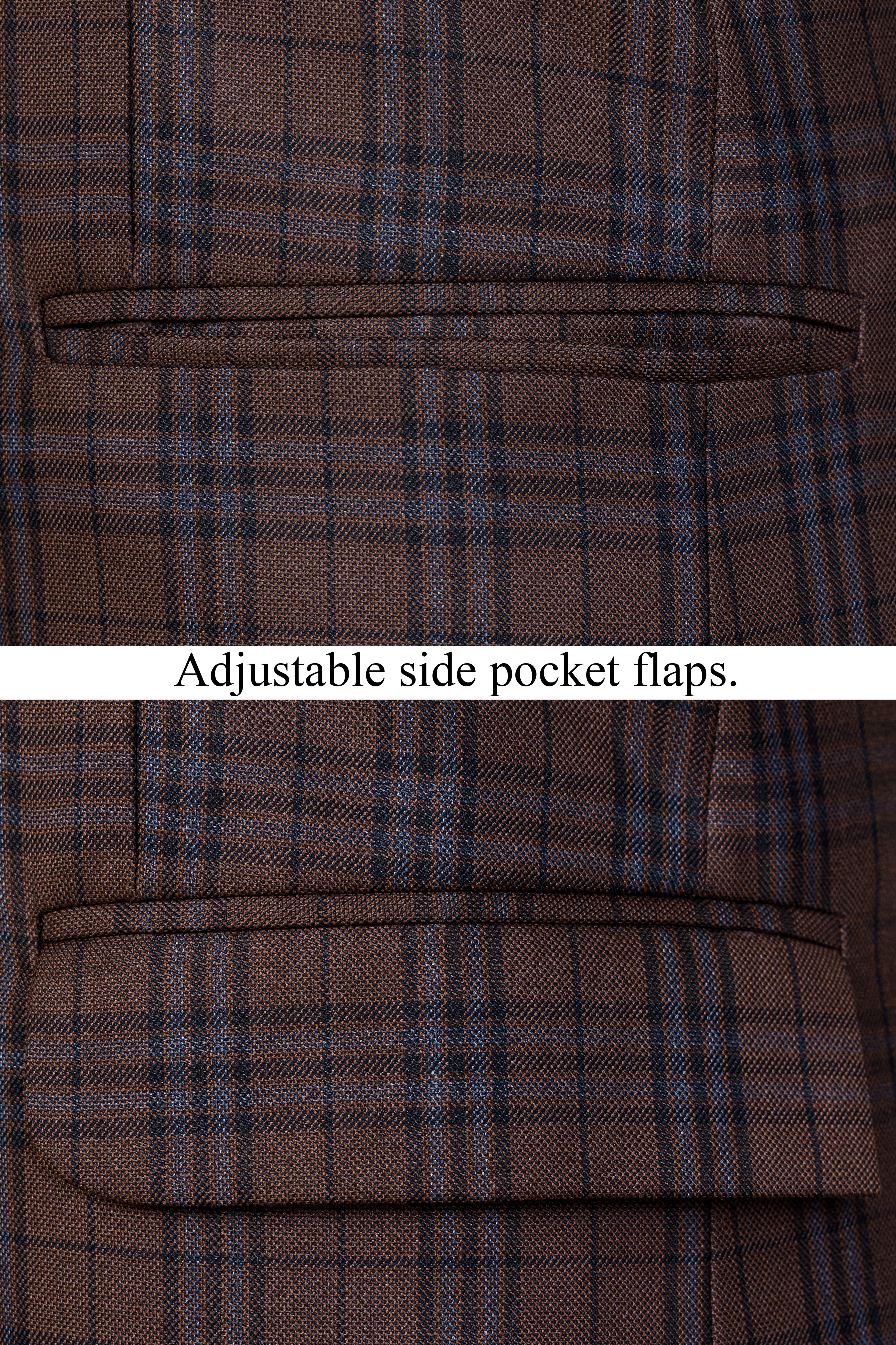 Gingerbread Brown and Haiti Blue Plaid Wool Rich Cross Placket Bandhgala Blazer