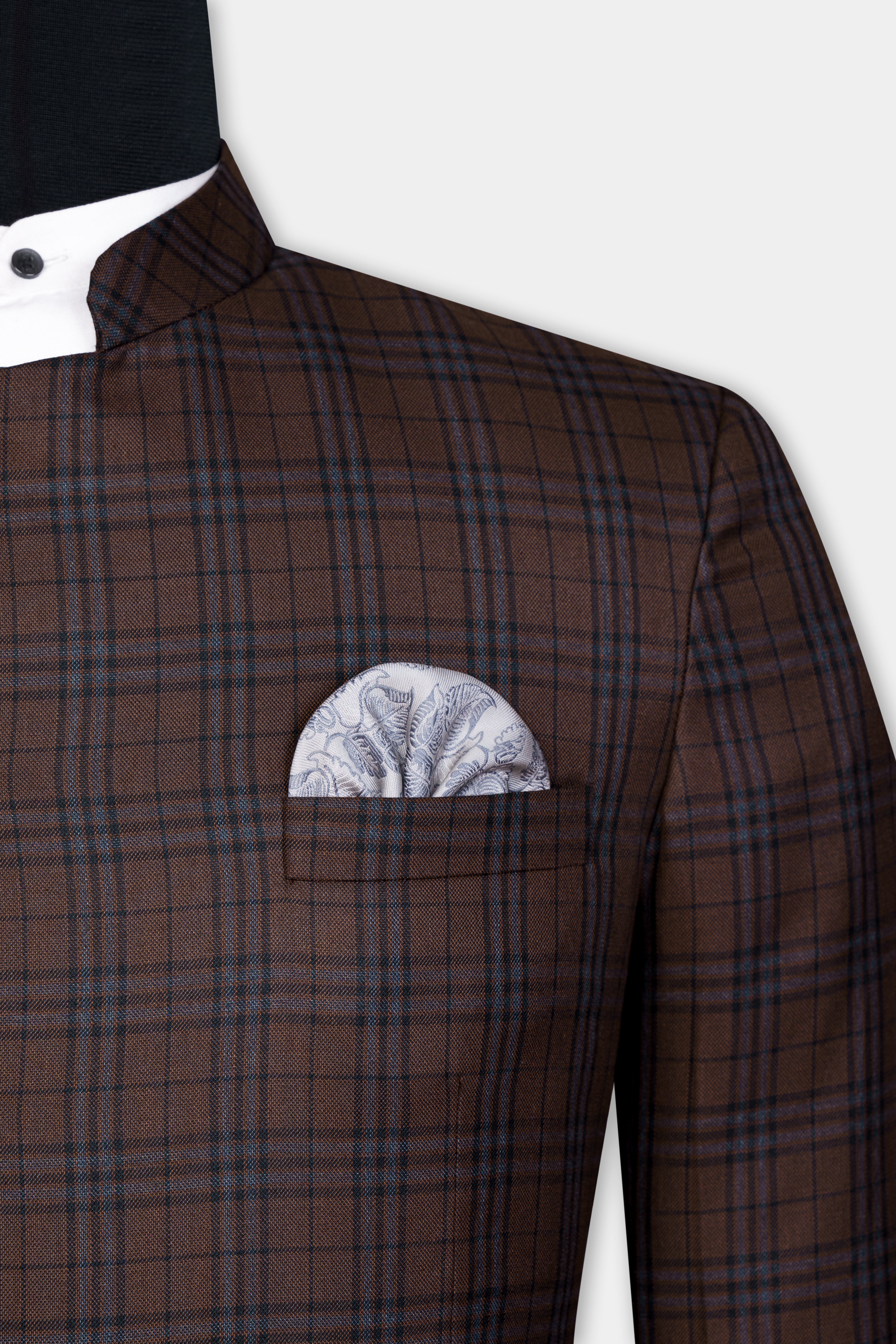 Gingerbread Brown and Haiti Blue Plaid Wool Rich Cross Placket Bandhgala Blazer