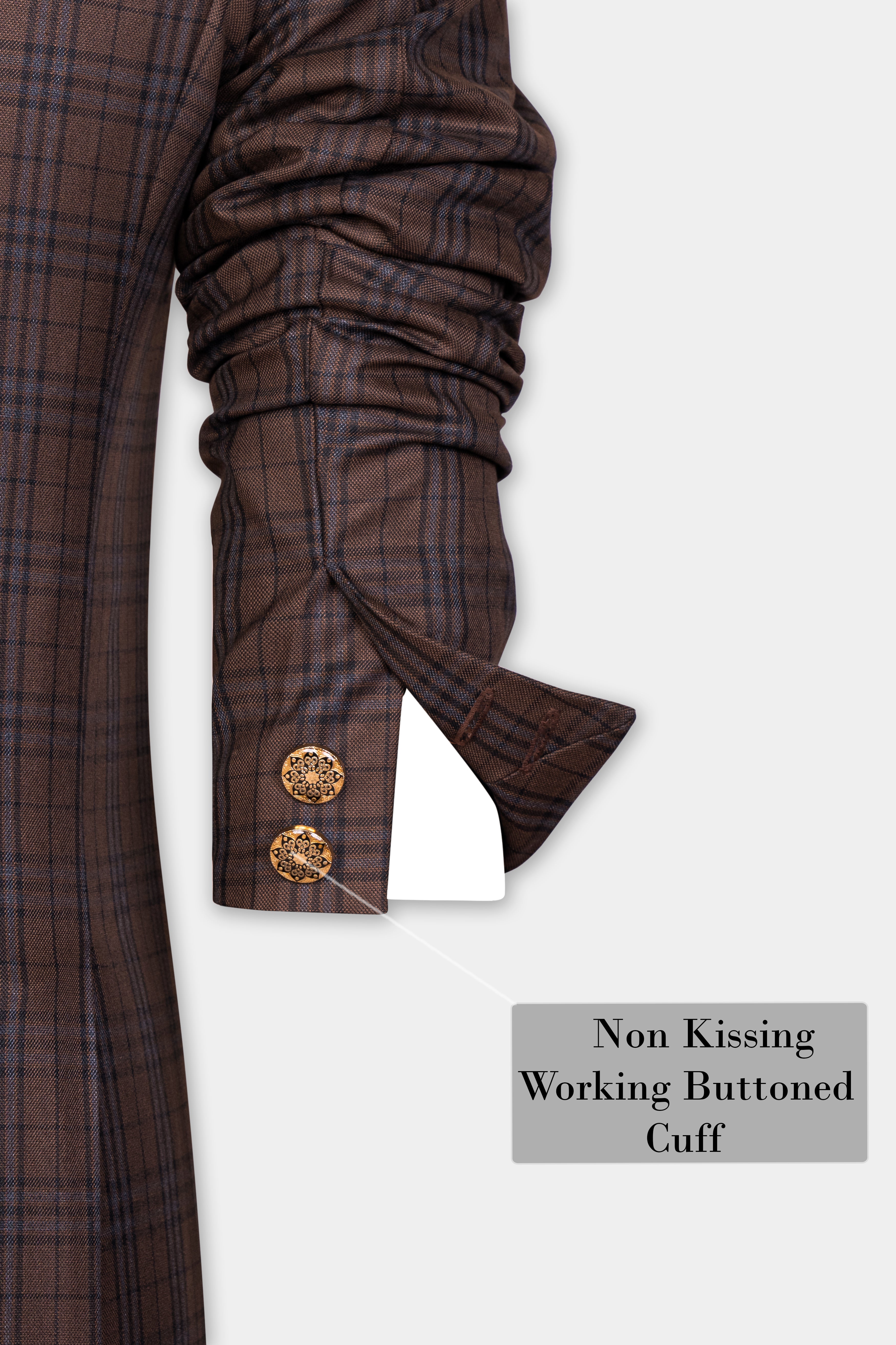 Gingerbread Brown and Haiti Blue Plaid Wool Rich Cross Placket Bandhgala Blazer