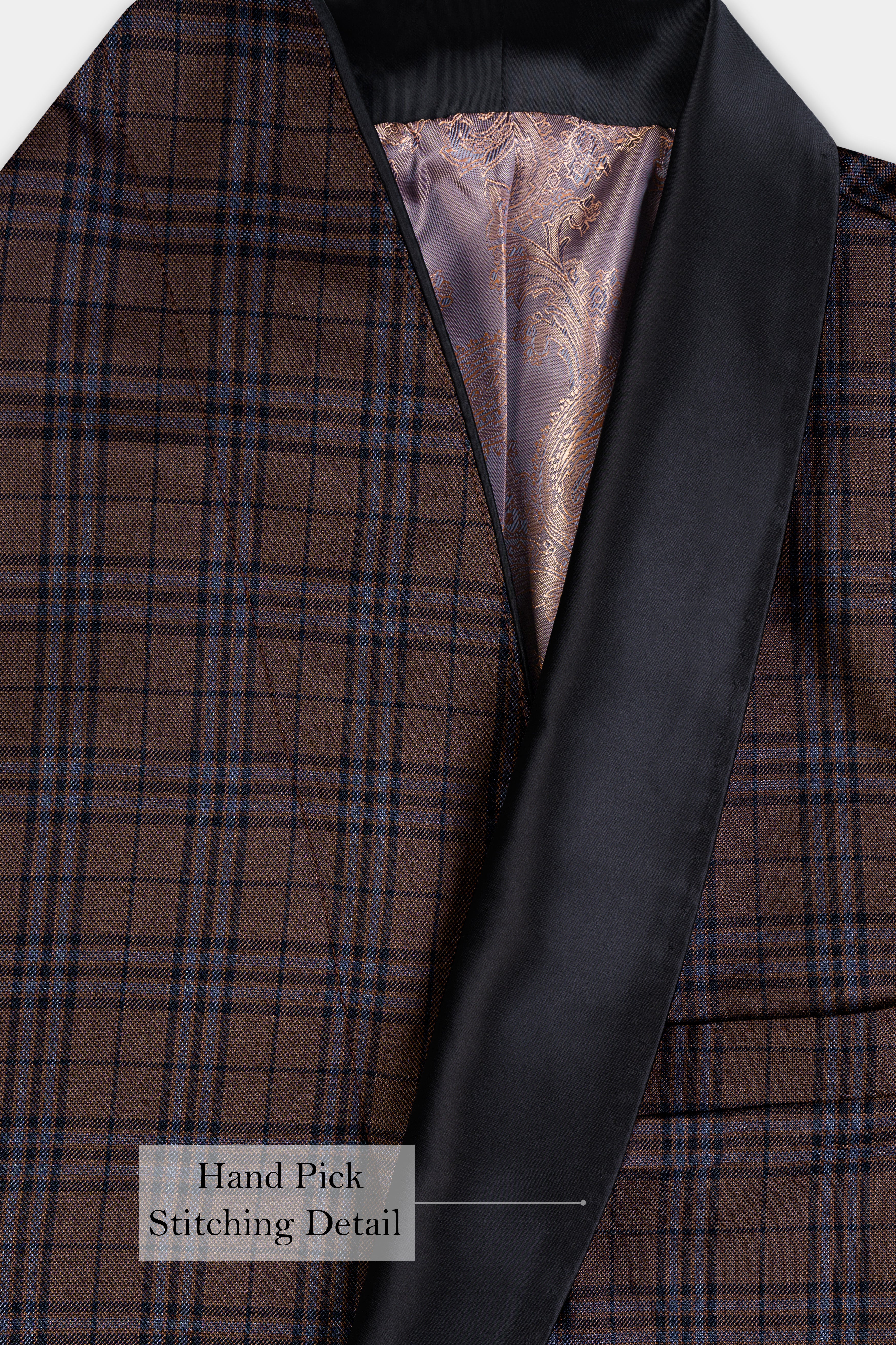 Gingerbread Brown and Haiti Blue Plaid Wool Rich Tuxedo Blazer