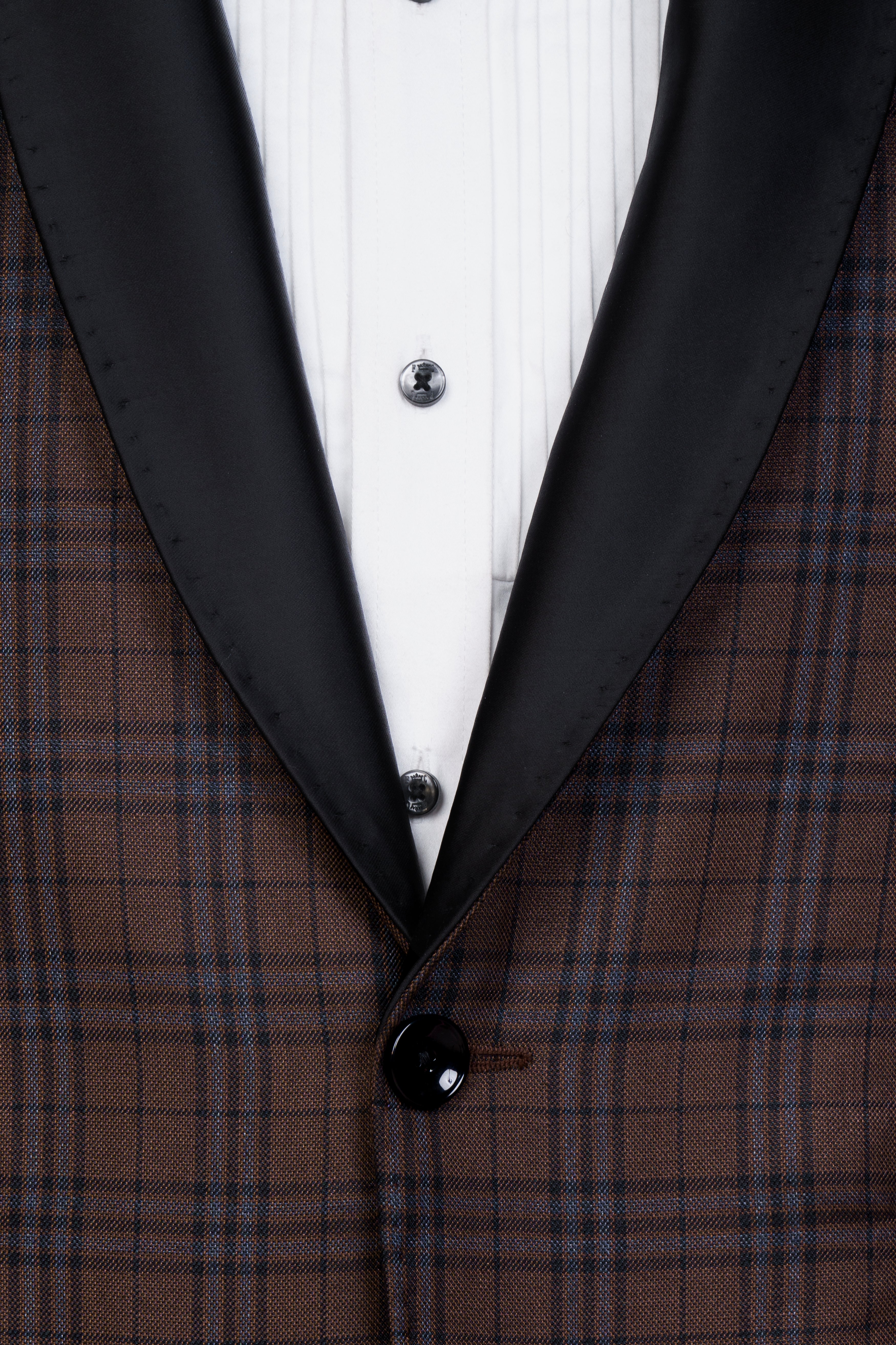 Gingerbread Brown and Haiti Blue Plaid Wool Rich Tuxedo Blazer