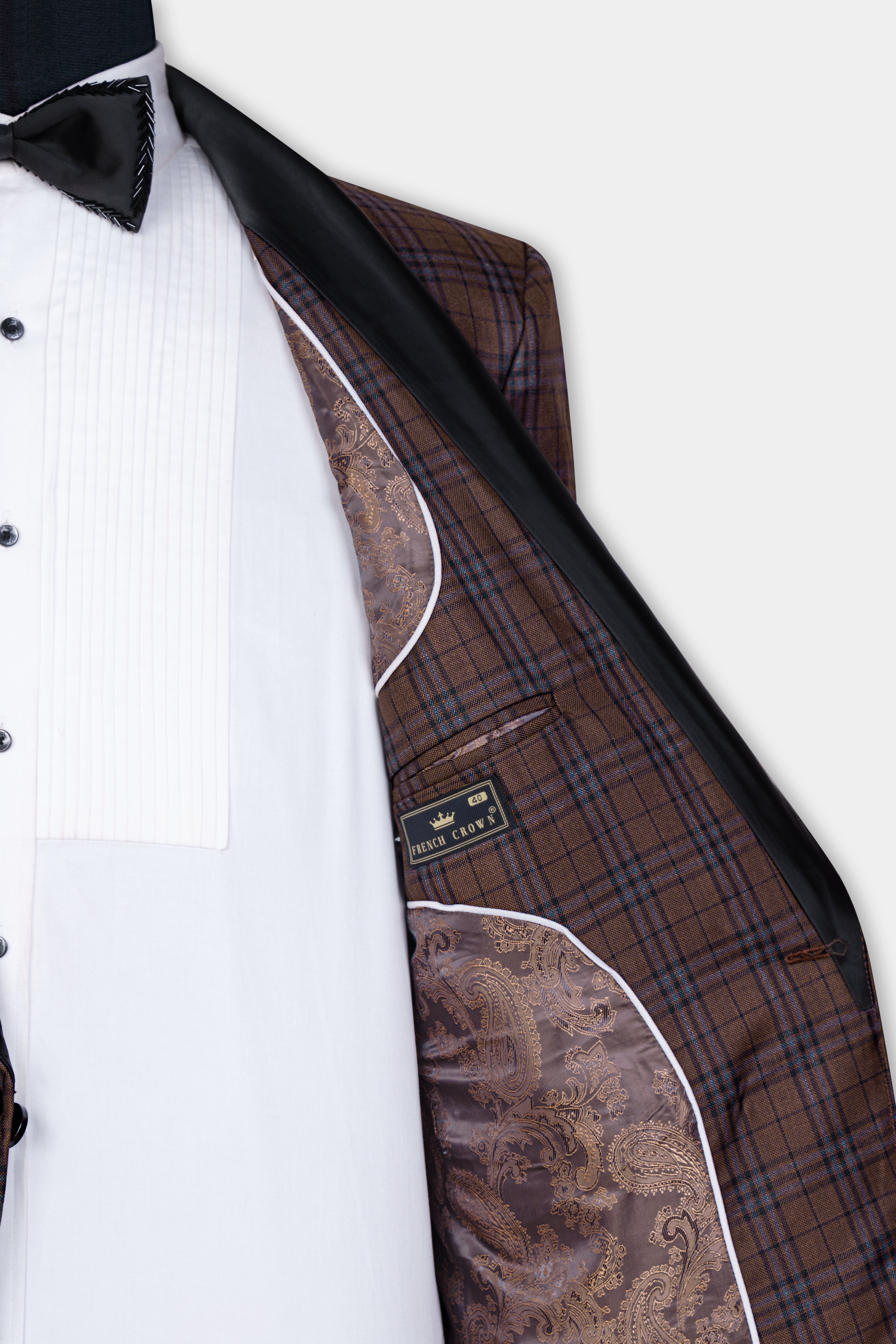 Gingerbread Brown and Haiti Blue Plaid Wool Rich Tuxedo Blazer