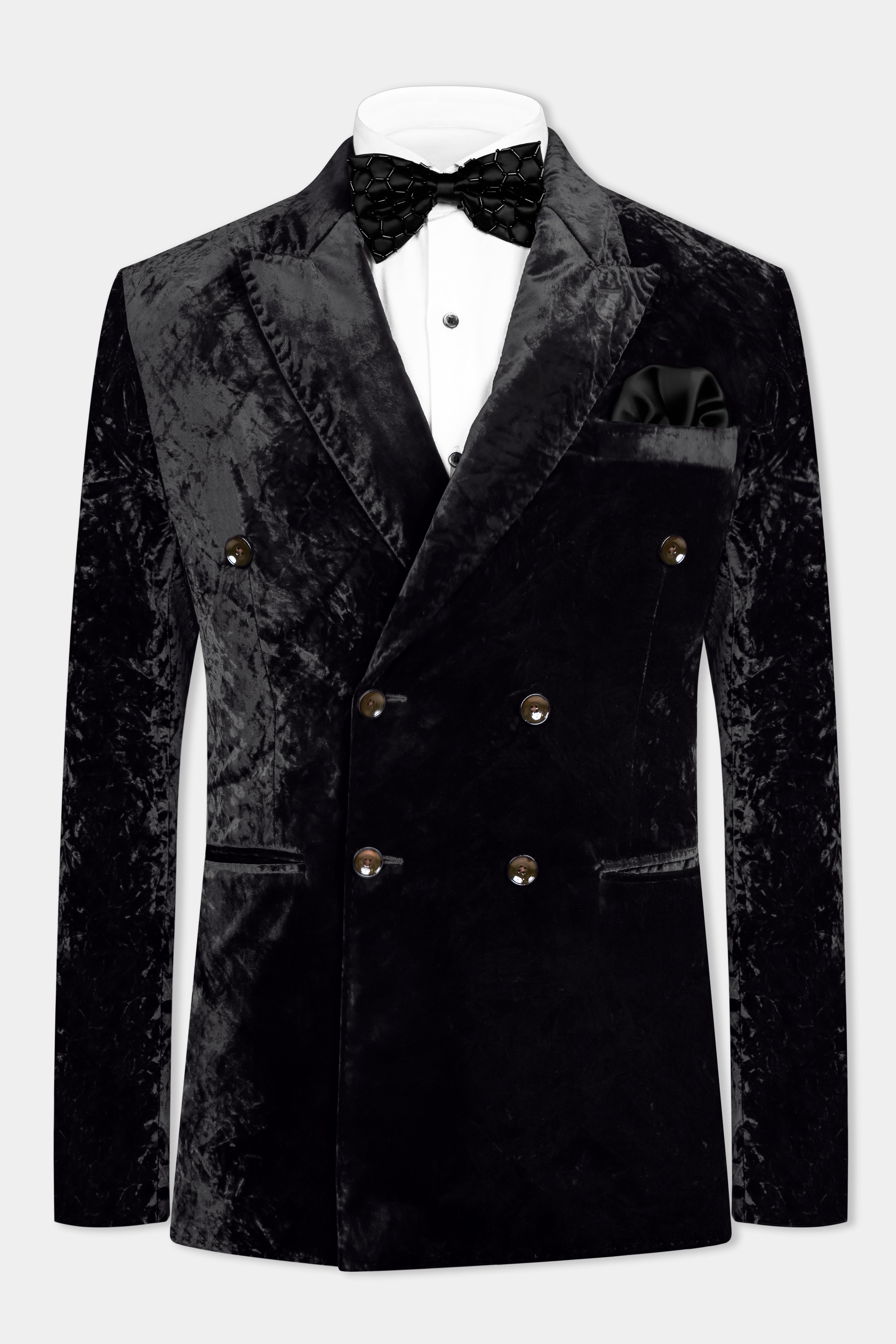 Jade Black Double Breasted Crushed Velvet Blazer