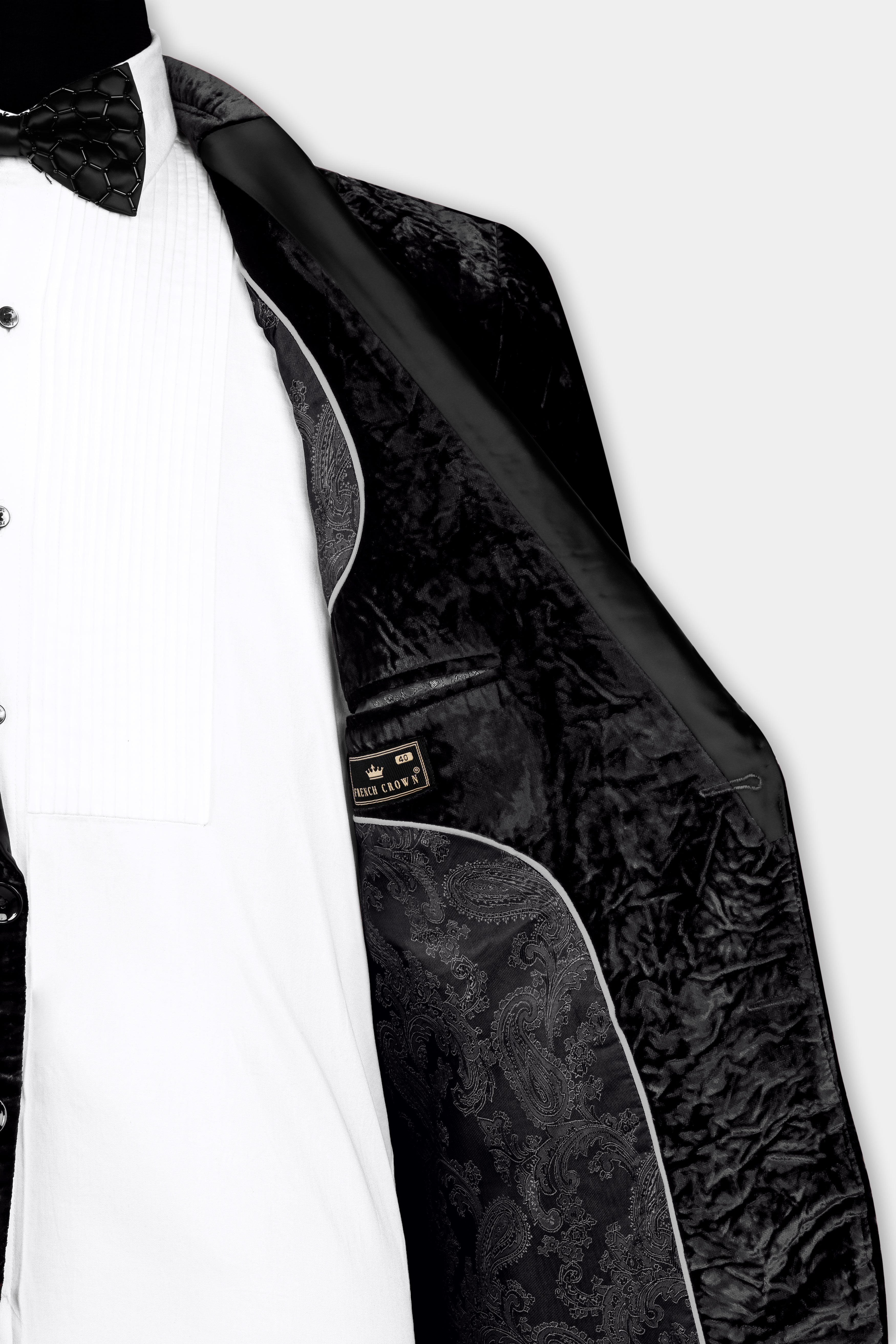 Jade Black Crushed Velvet Peak Lapel Tuxedo Blazer