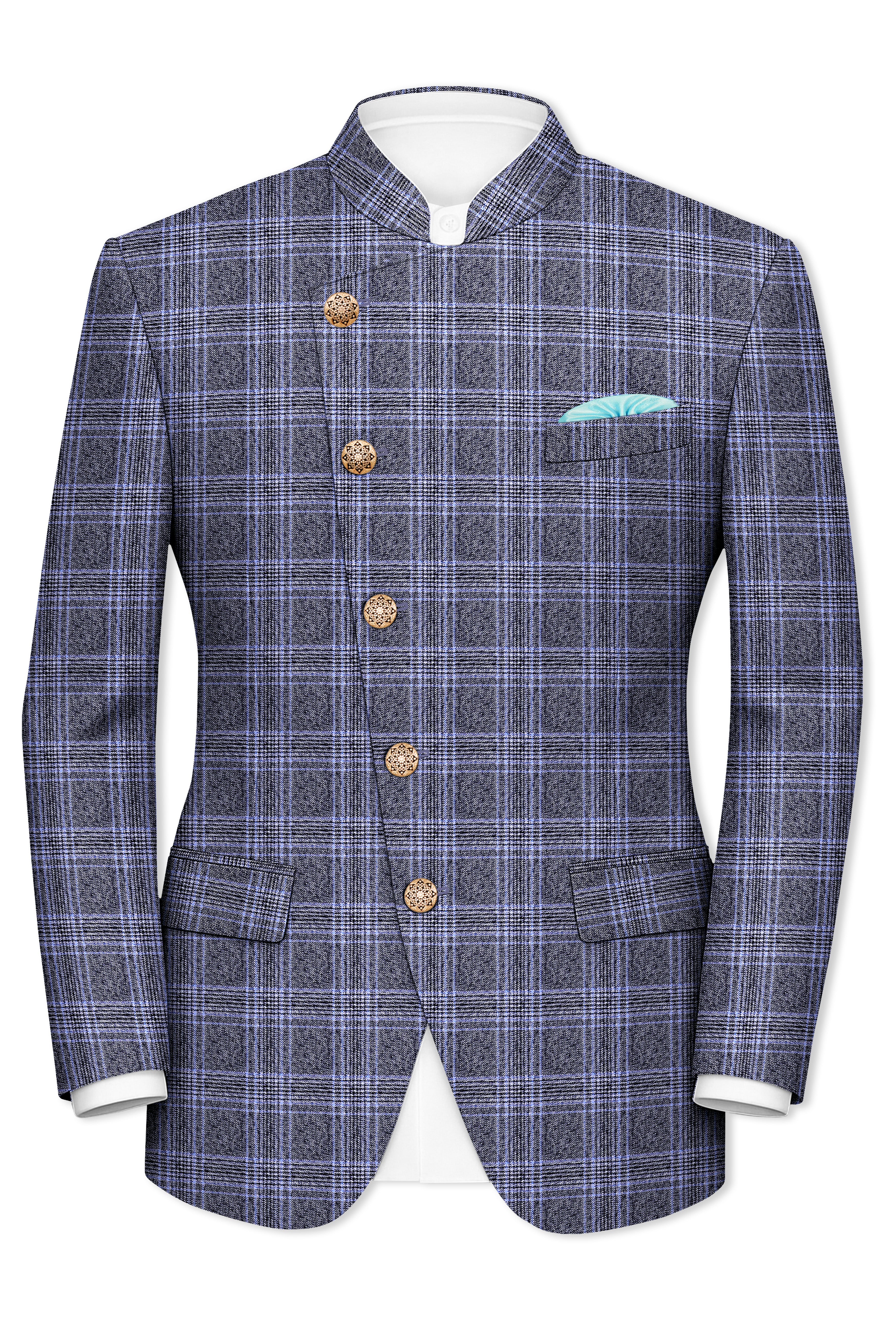 Dolphin And Casper Blue Checkered Cross Placket Bandhgala Wool Rich Blazer