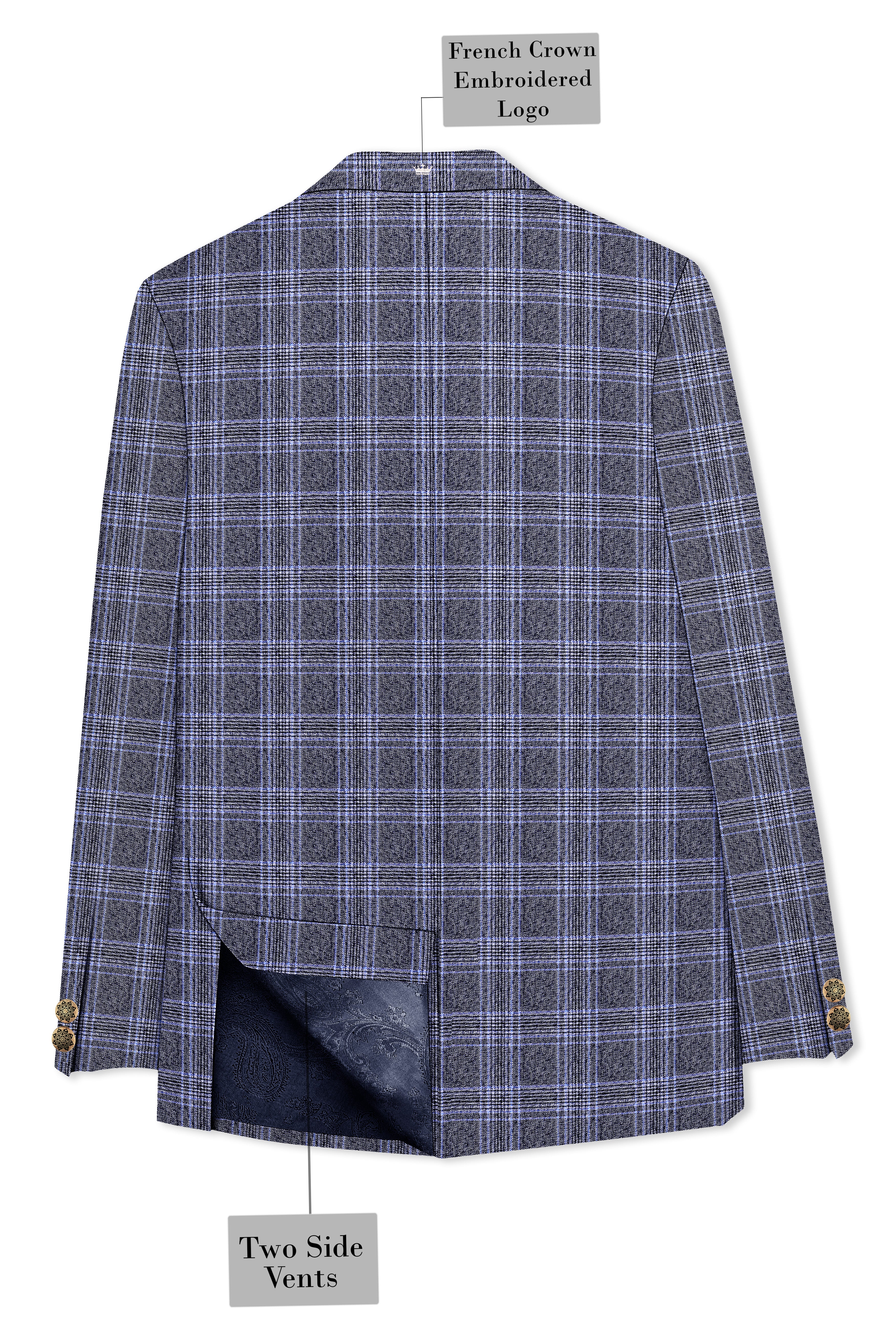 Dolphin And Casper Blue Checkered Cross Placket Bandhgala Wool Rich Blazer