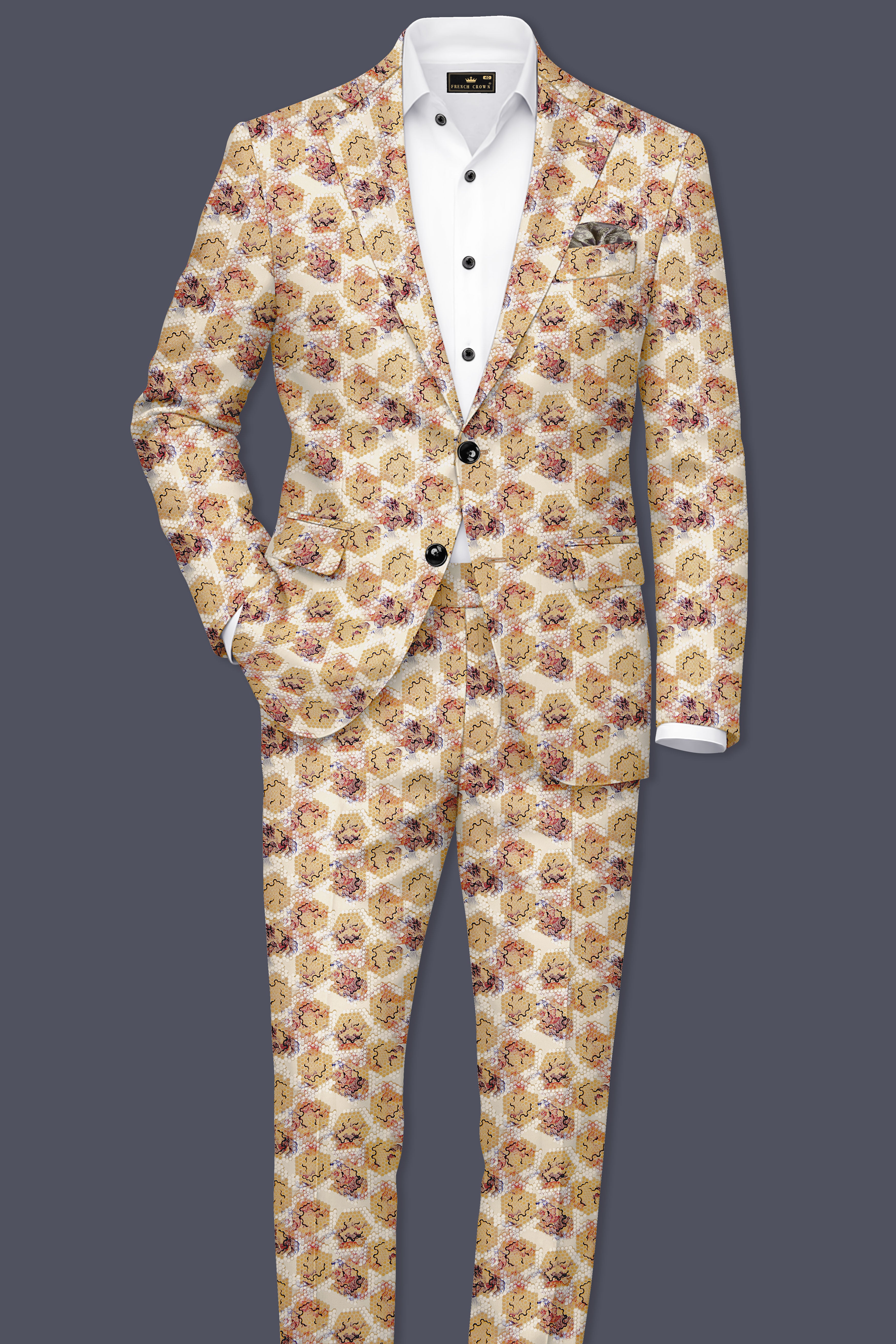 Cream Honeycomb Printed Premium Designer Blazer