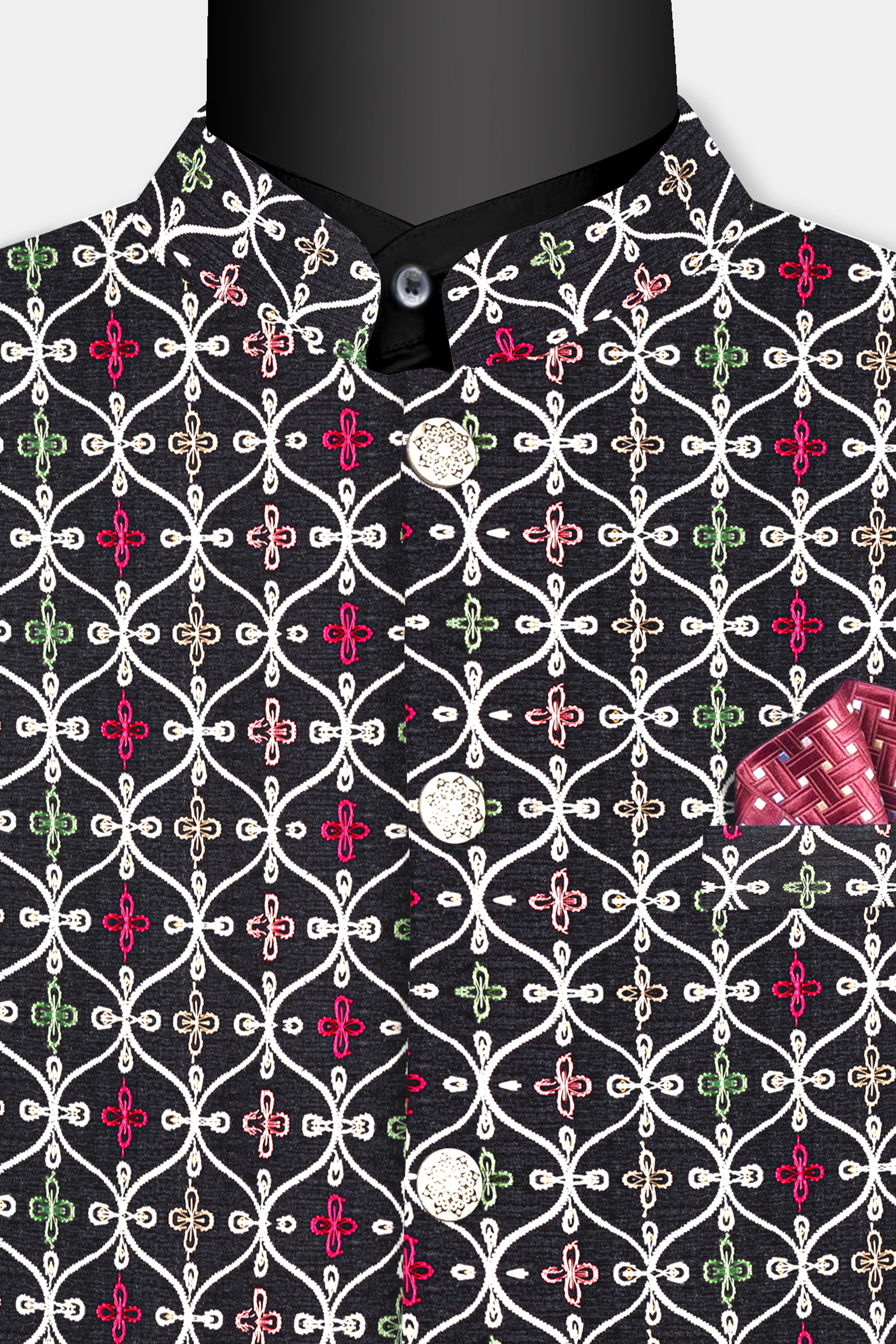 Jade Black and White Multicolour Ogee Pattern Embroidered Bandhgala Jodhpuri