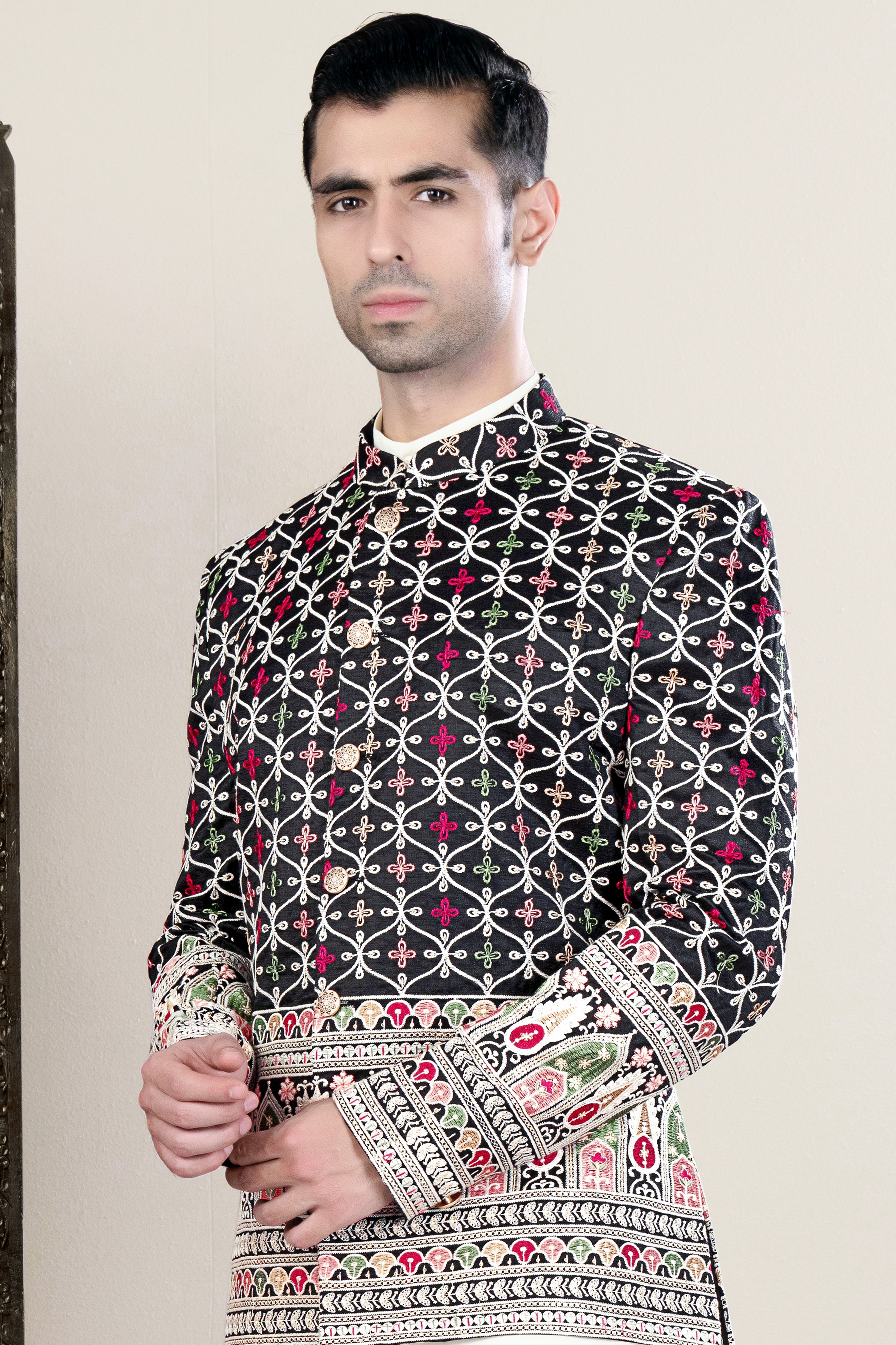 Jade Black and White Multicolour Ogee Pattern Embroidered Bandhgala Jodhpuri