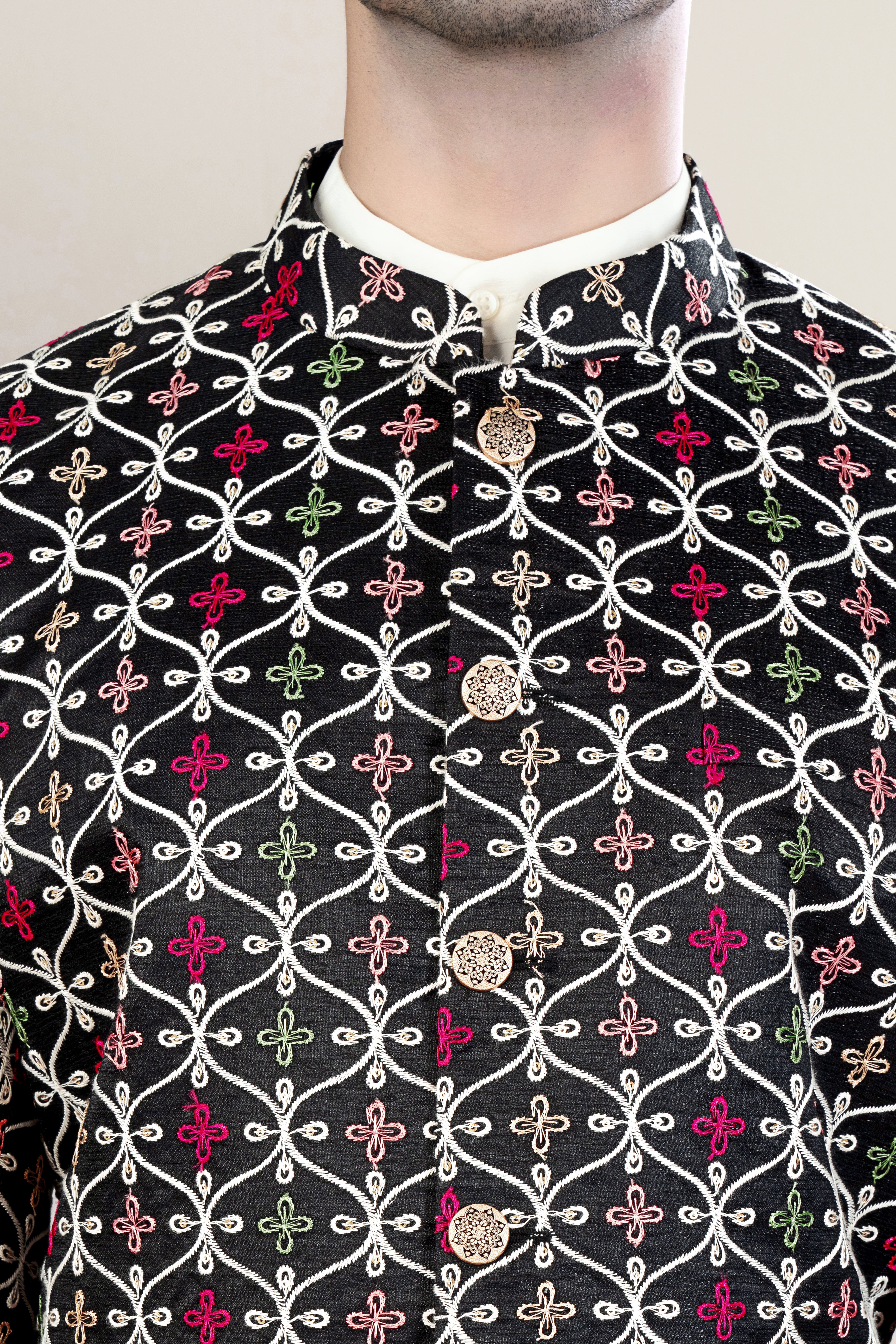 Jade Black and White Multicolour Ogee Pattern Embroidered Bandhgala Jodhpuri