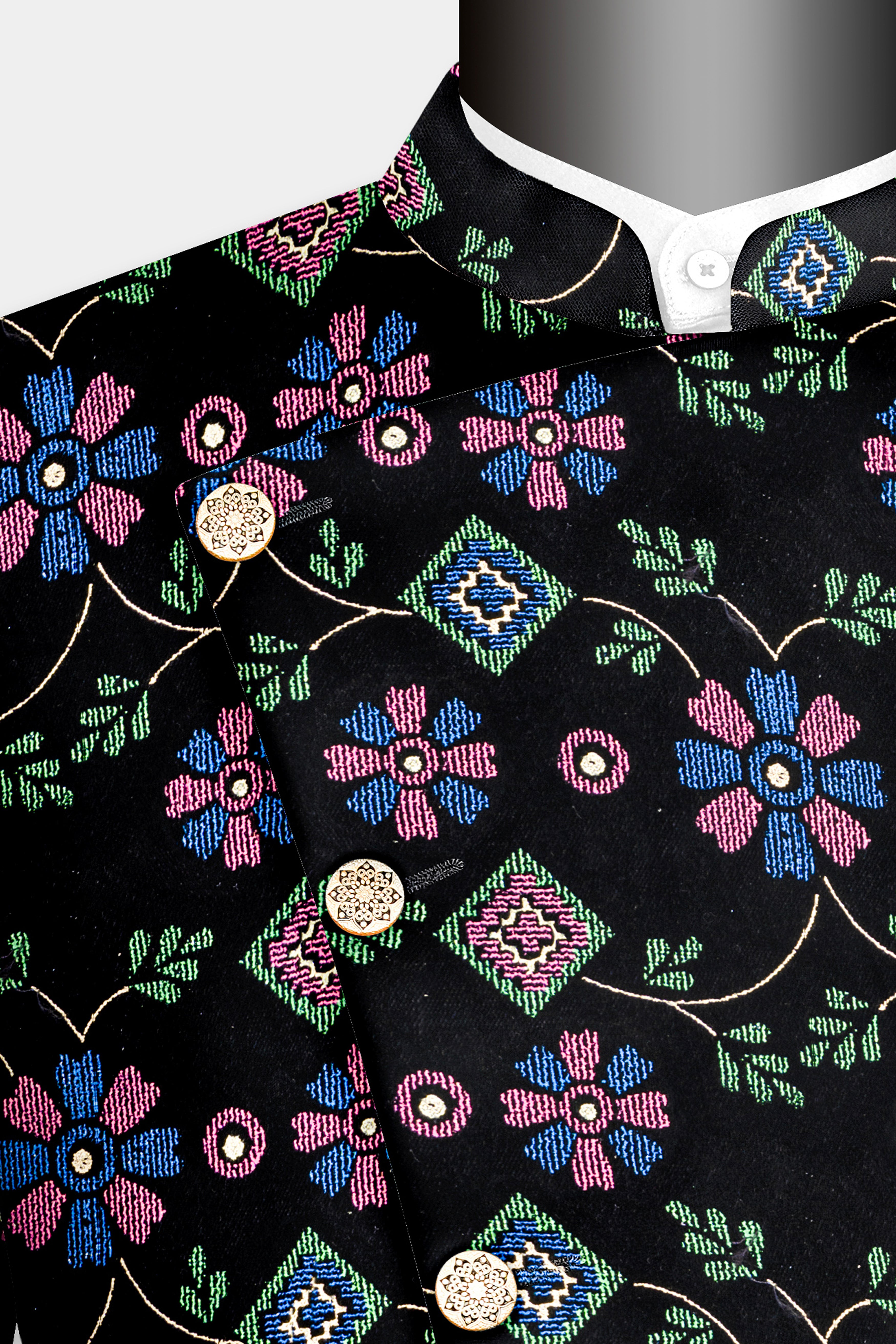 Jade Black and Glade Green Multicolour Floral Jacquard Weave Cross Buttoned Bandhgala Jodhpuri BL3532-CBG-36, BL3532-CBG-38, BL3532-CBG-40, BL3532-CBG-42, BL3532-CBG-44, BL3532-CBG-46, BL3532-CBG-53, BL3532-CBG-50, BL3532-CBG-52, BL3532-CBG-54, BL3532-CBG-56, BL3532-CBG-58, BL3532-CBG-60