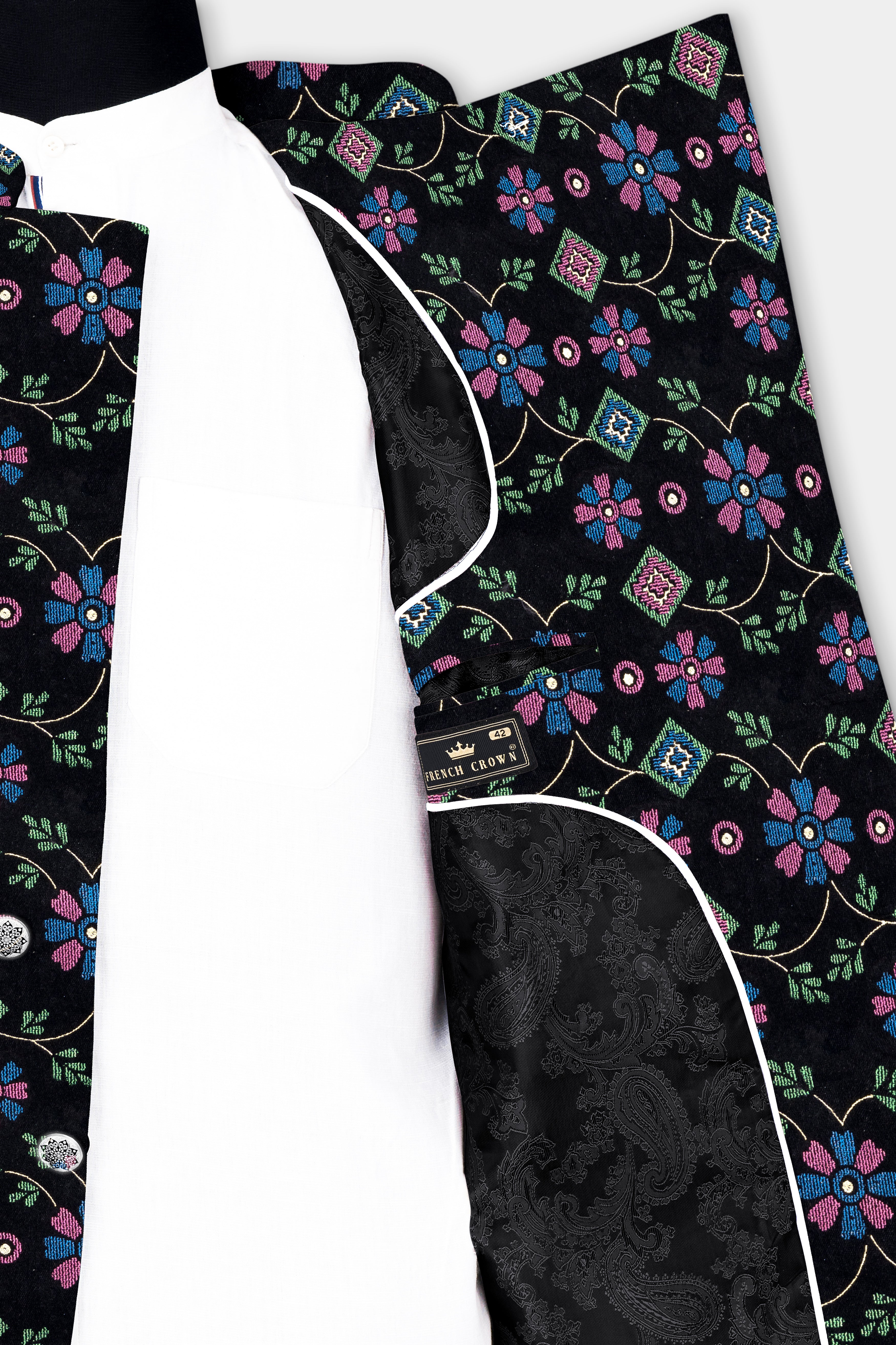 Jade Black and Glade Green Multicolour Floral Jacquard Weave Cross Buttoned Bandhgala Jodhpuri BL3532-CBG-36, BL3532-CBG-38, BL3532-CBG-40, BL3532-CBG-42, BL3532-CBG-44, BL3532-CBG-46, BL3532-CBG-53, BL3532-CBG-50, BL3532-CBG-52, BL3532-CBG-54, BL3532-CBG-56, BL3532-CBG-58, BL3532-CBG-60
