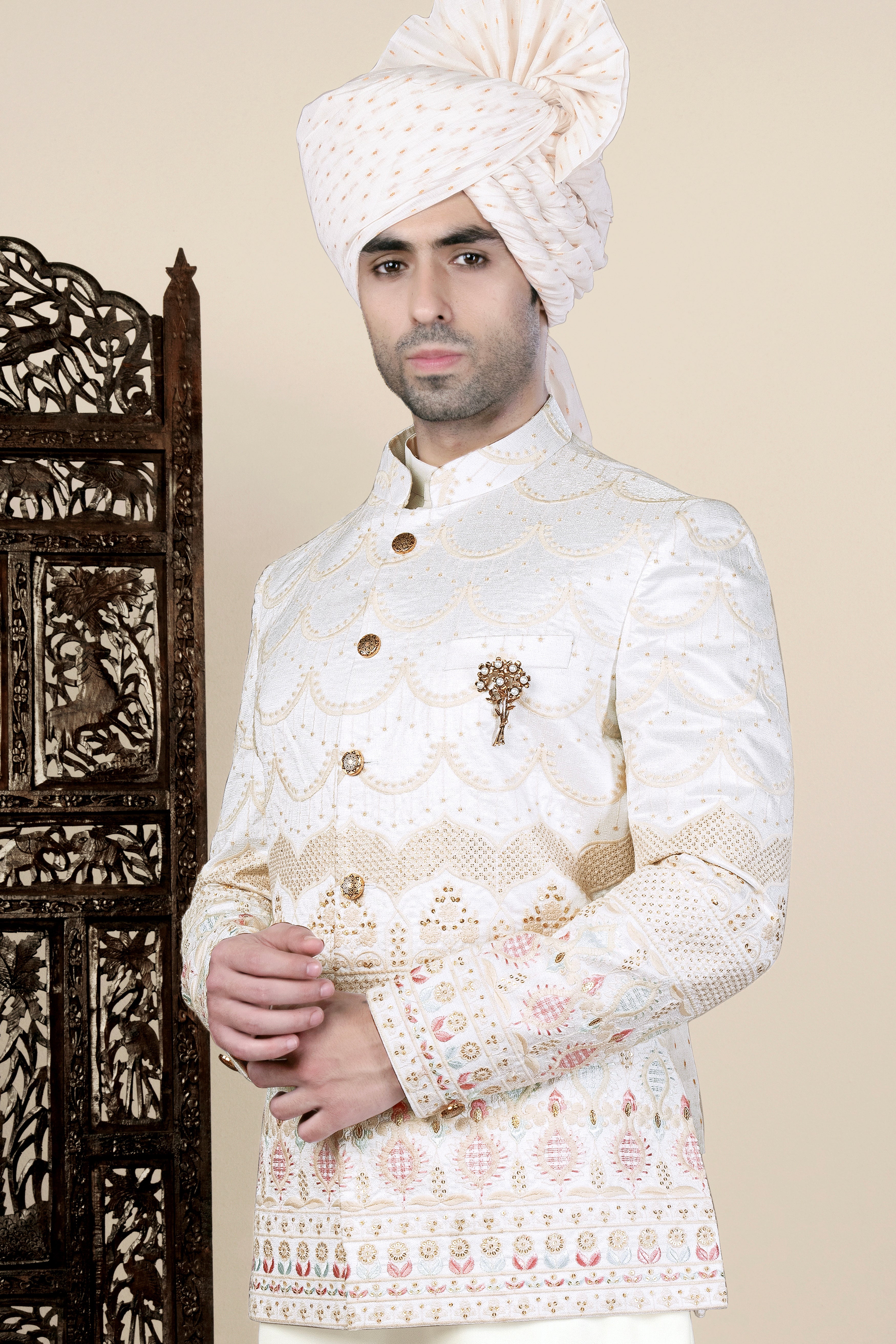 Sand Cream Sequin and Thread Embroidered Bandhgala Jodhpuri BL3539-BG-36, BL3539-BG-38, BL3539-BG-40, BL3539-BG-42, BL3539-BG-44, BL3539-BG-46, BL3539-BG-48, BL3539-BG-50, BL3539-BG-52, BL3539-BG-54, BL3539-BG-56, BL3539-BG-58, BL3539-BG-60