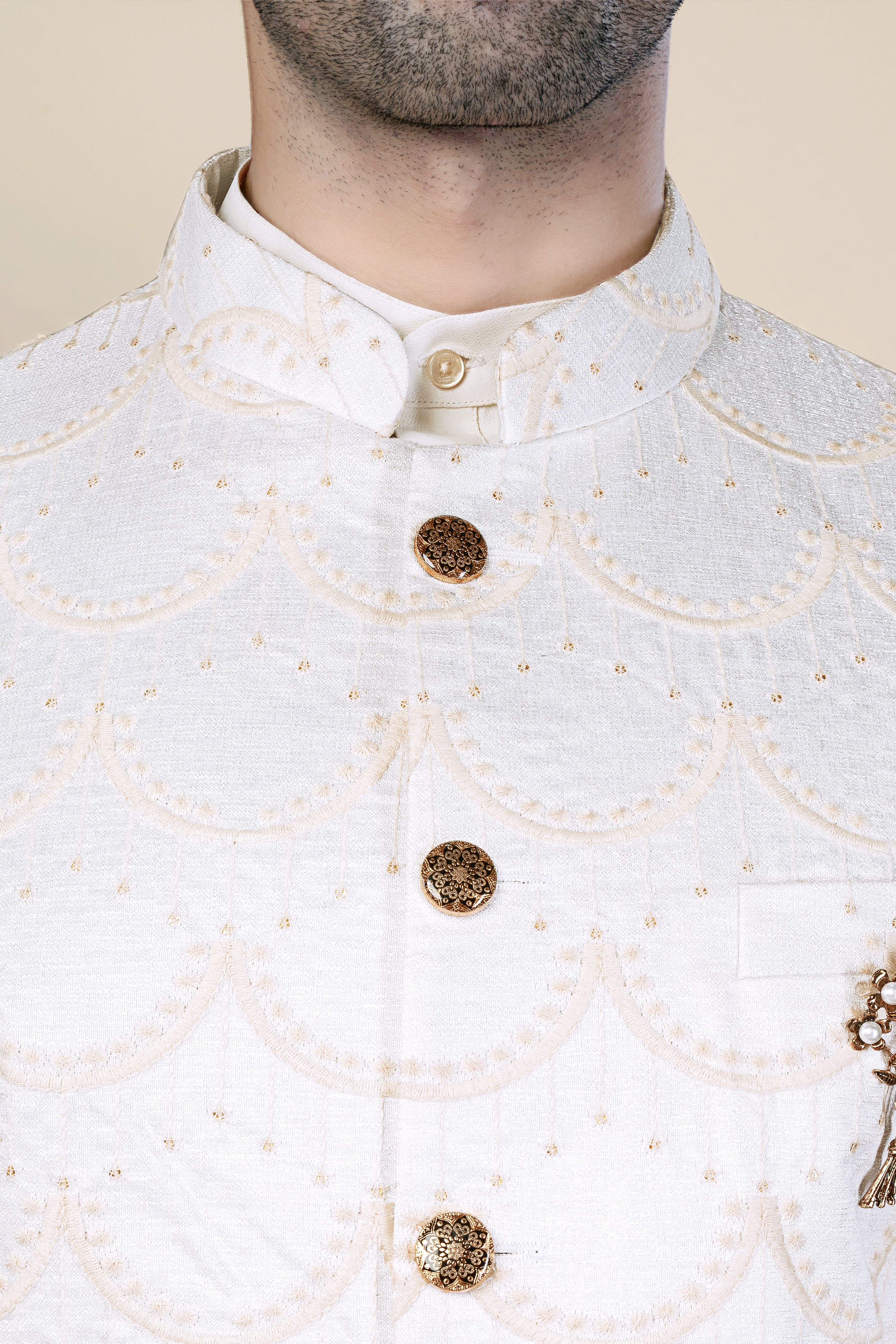 Sand Cream Sequin and Thread Embroidered Bandhgala Jodhpuri BL3539-BG-36, BL3539-BG-38, BL3539-BG-40, BL3539-BG-42, BL3539-BG-44, BL3539-BG-46, BL3539-BG-48, BL3539-BG-50, BL3539-BG-52, BL3539-BG-54, BL3539-BG-56, BL3539-BG-58, BL3539-BG-60