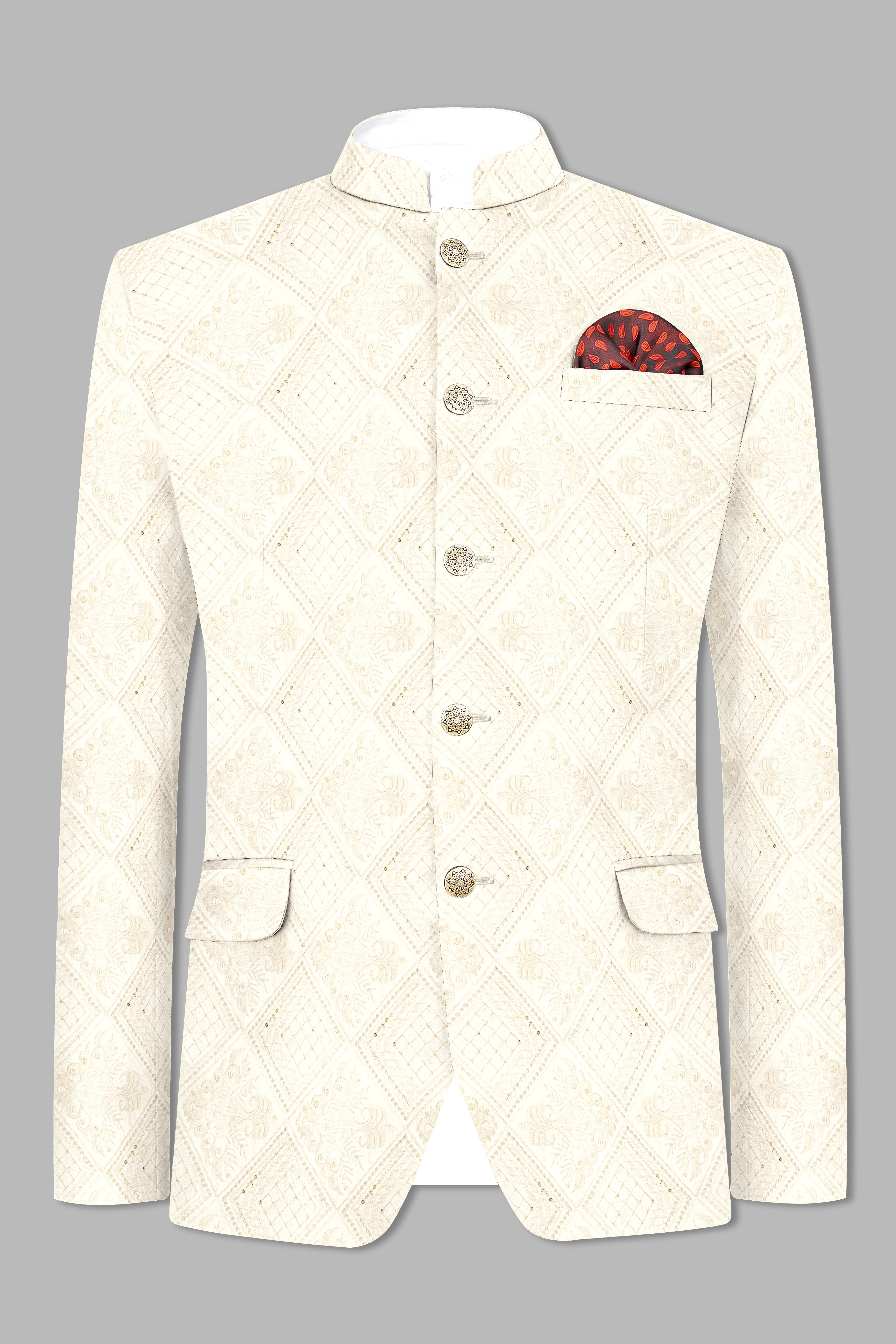 Eggshell Cream Trellis Sequin And Thread Embroidered Bandhgala Jodhpuri