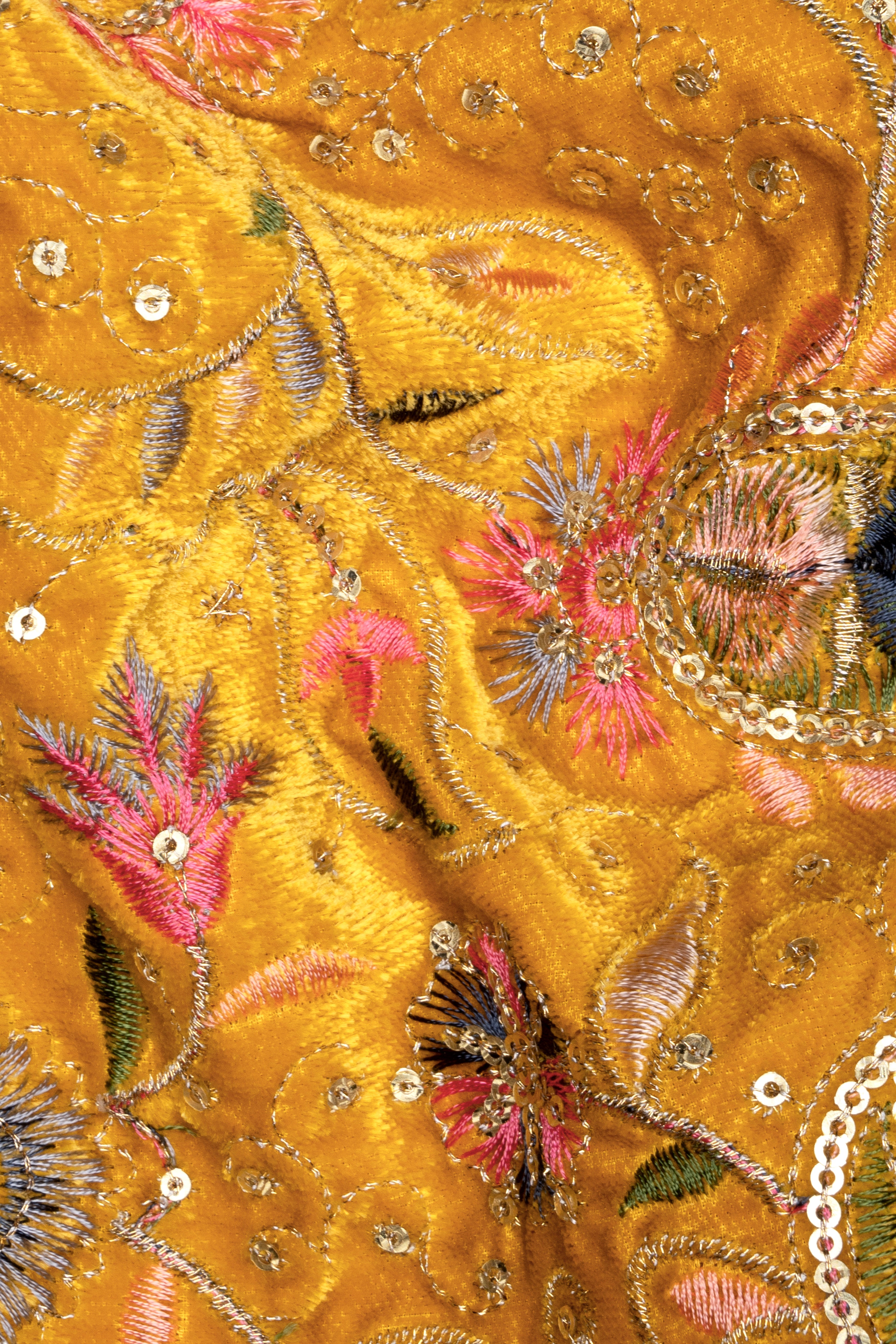 Firebush Yellow Velvet Floral Thread Embroidered Bandhgala Jodhpuri