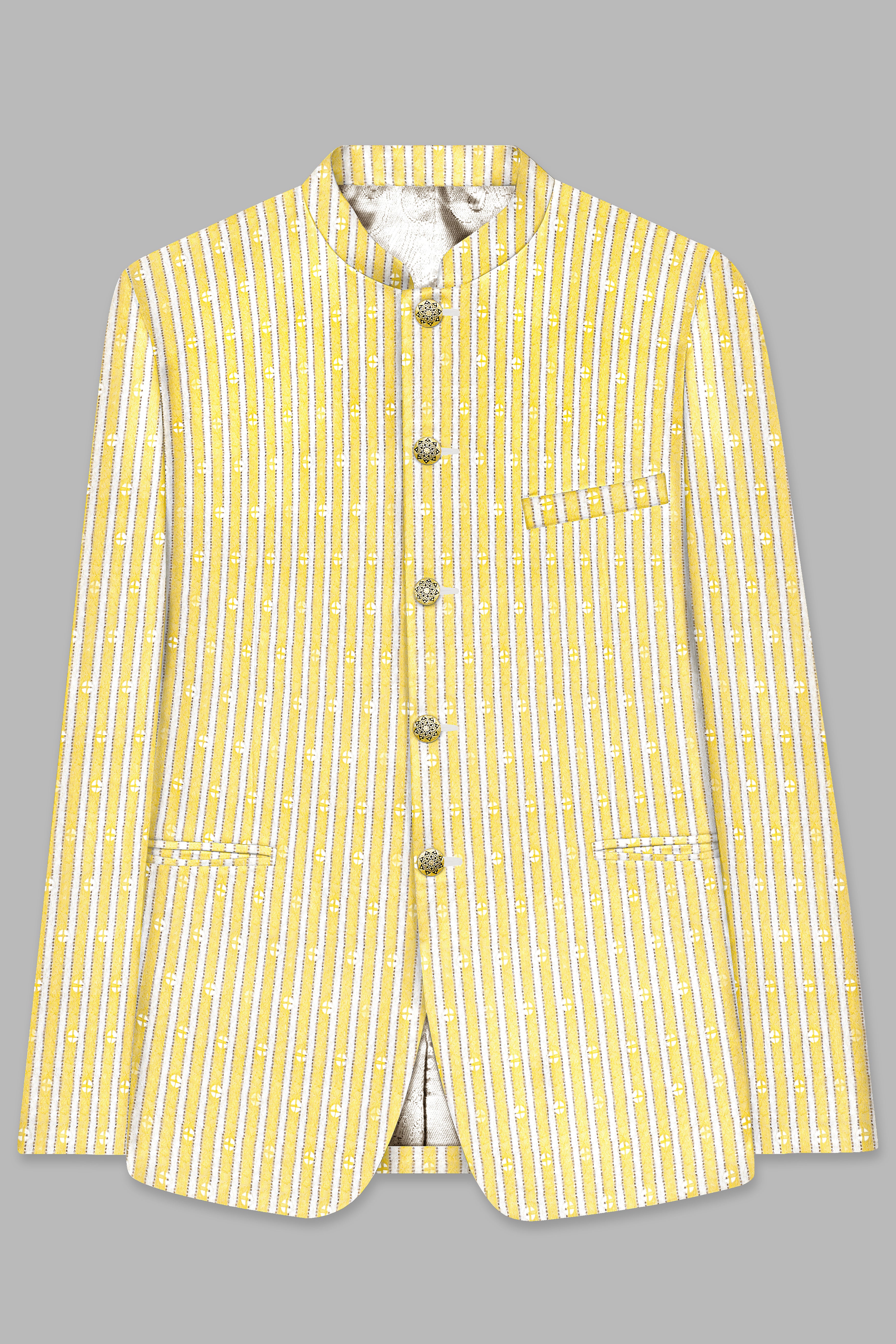 Drover Yellow And Bright White Striped Designer Thread Embroidered Bandhgala Jodhpuri