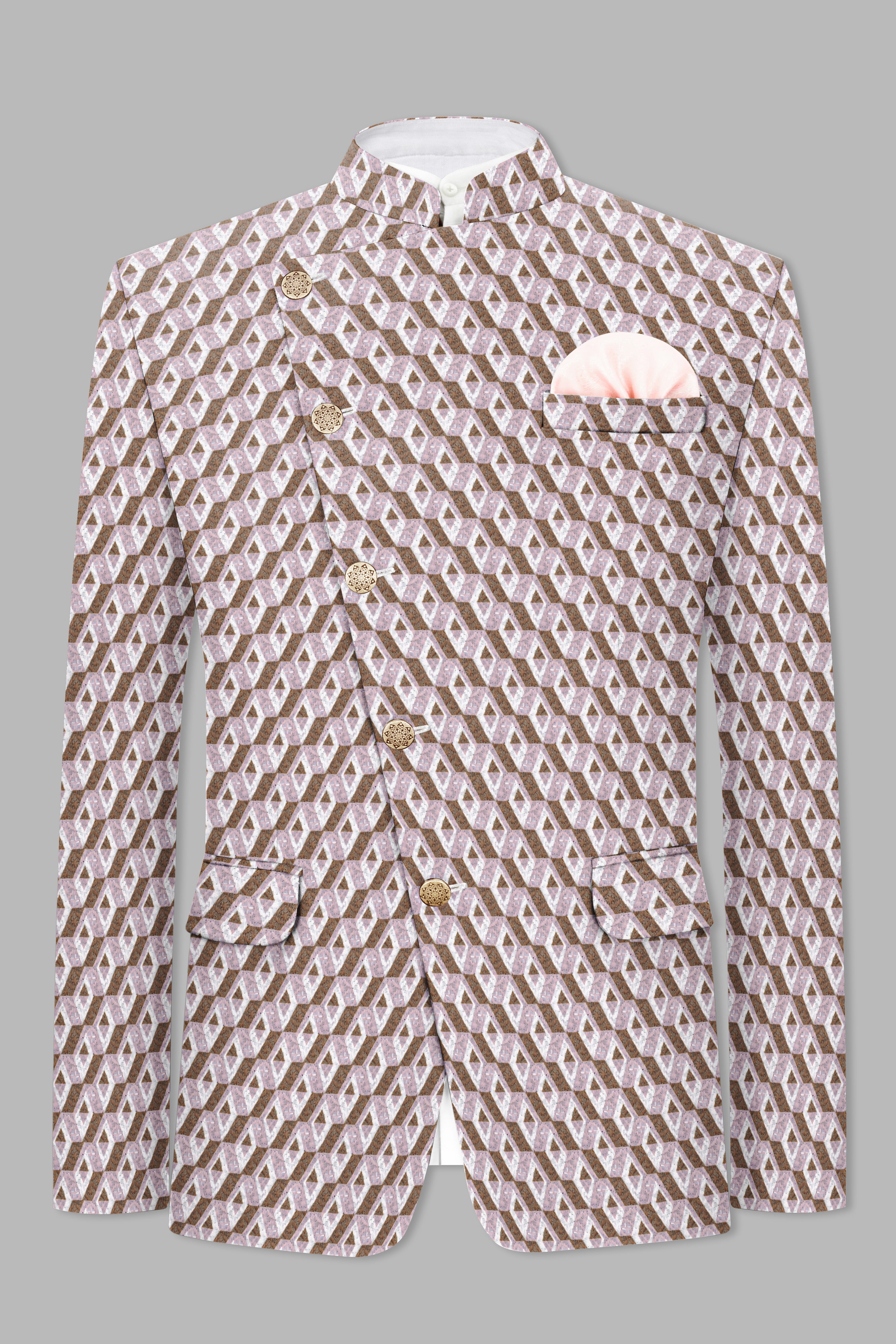 Clam Shell Pink And Roman Coffee Brown 3D Box Quilt Embroidered Cross Placket Bandhgala