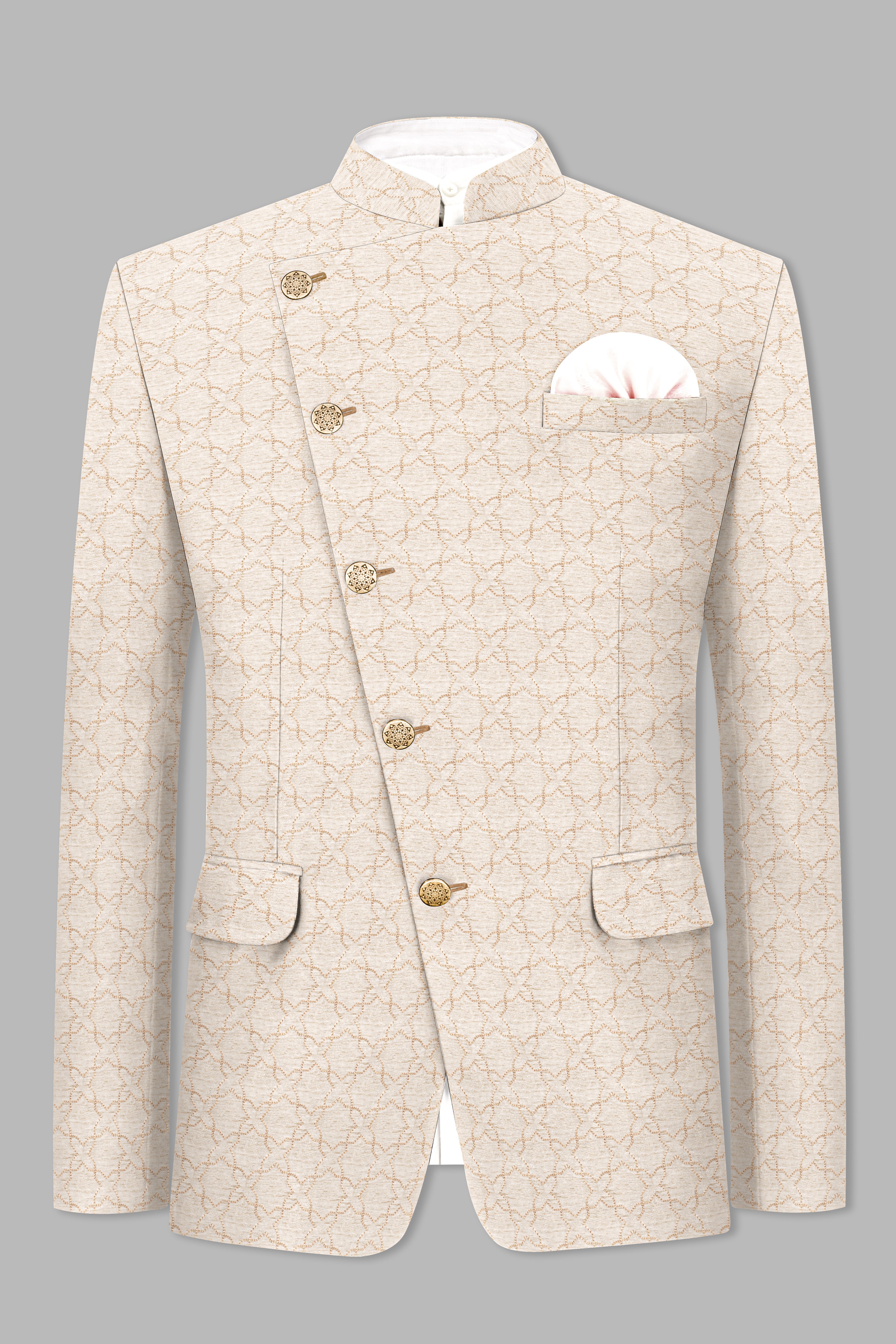 Pearl Bush Cream hexagon Designer Embroidered Cross Placket Bandhgala Jodhpuri