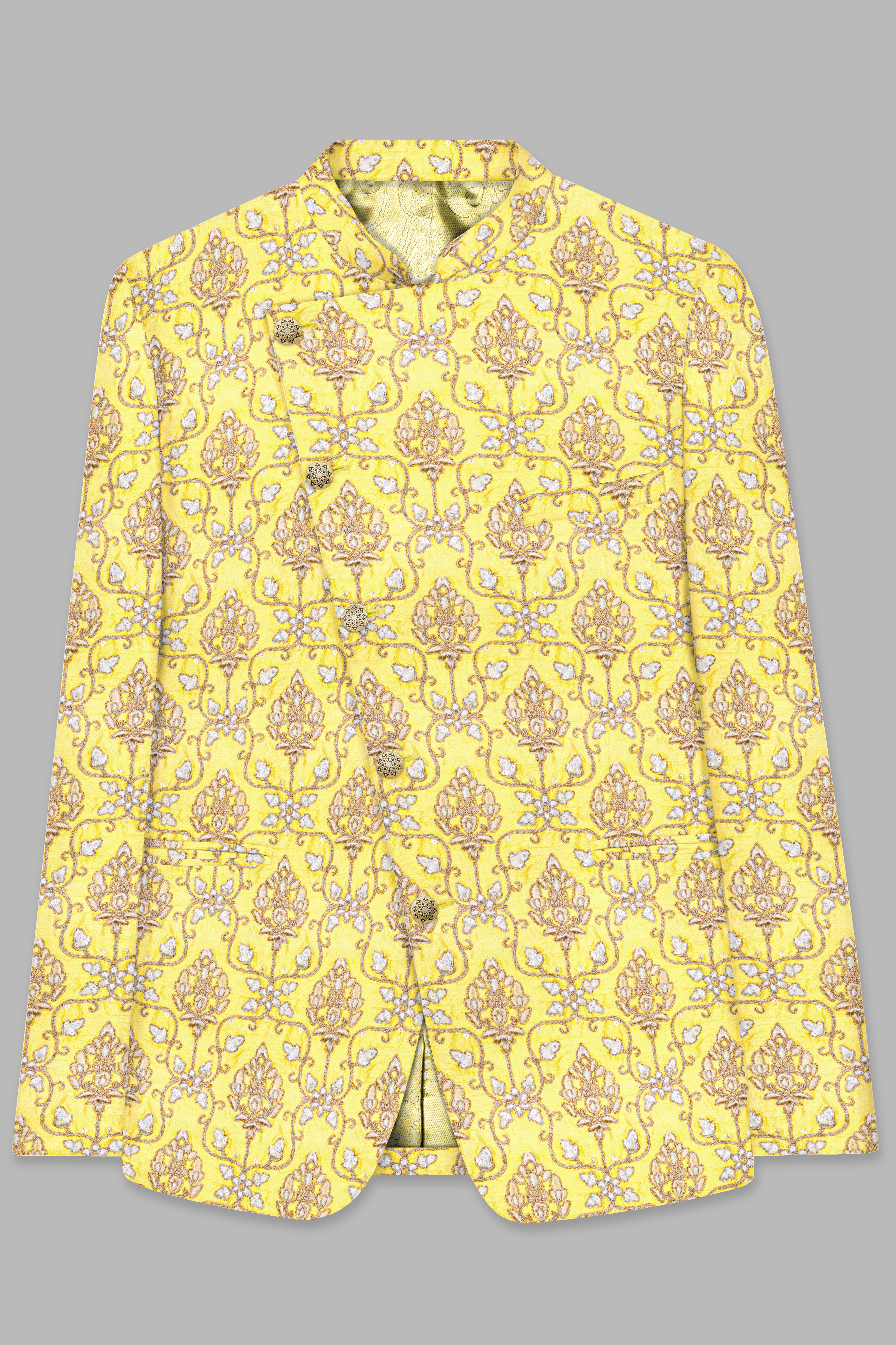 Marigold Yellow And Quicksand Brown Thread Embroidered Cross Placket Bandhgala Jodhpuri