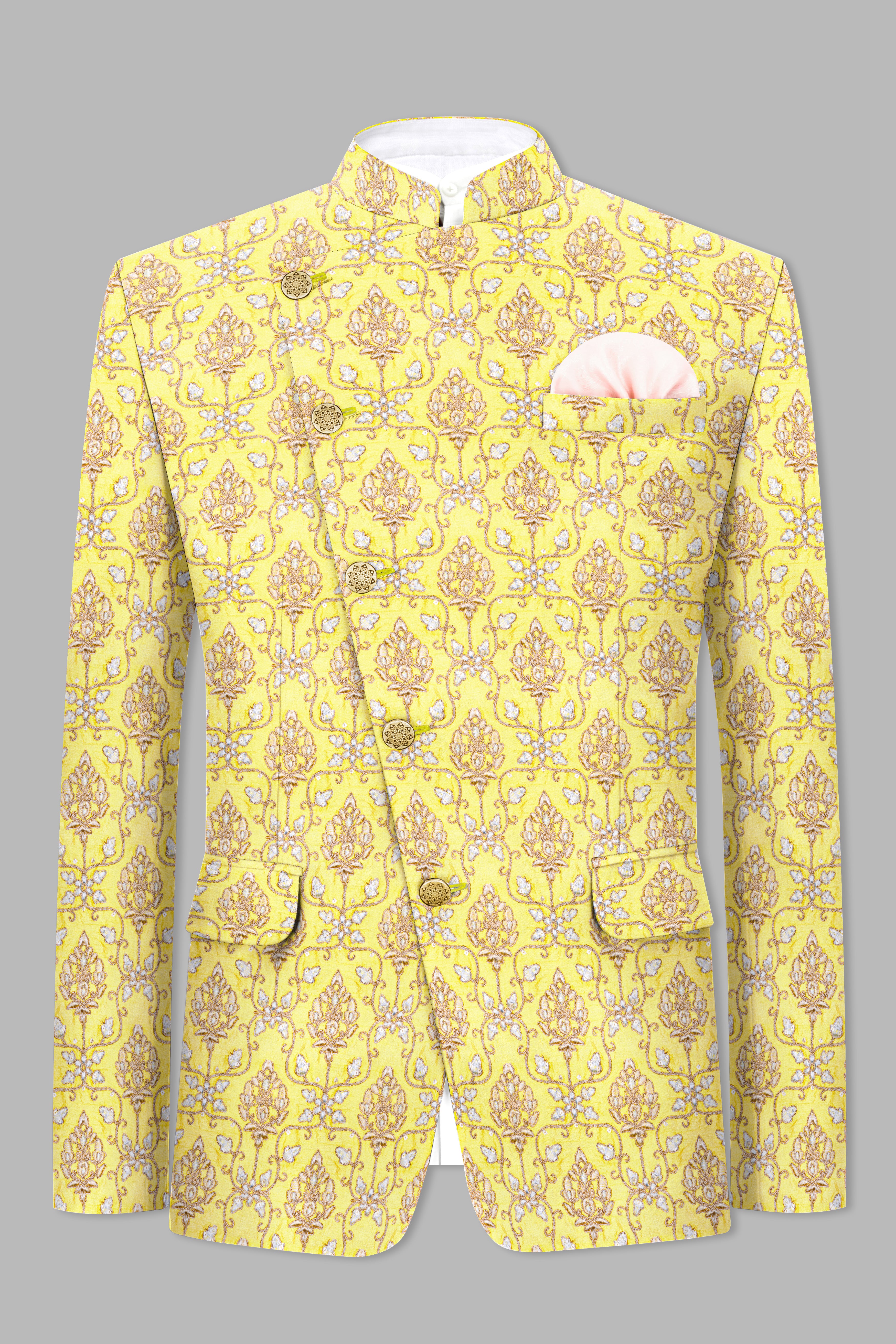 Marigold Yellow And Quicksand Brown Thread Embroidered Cross Placket Bandhgala Jodhpuri