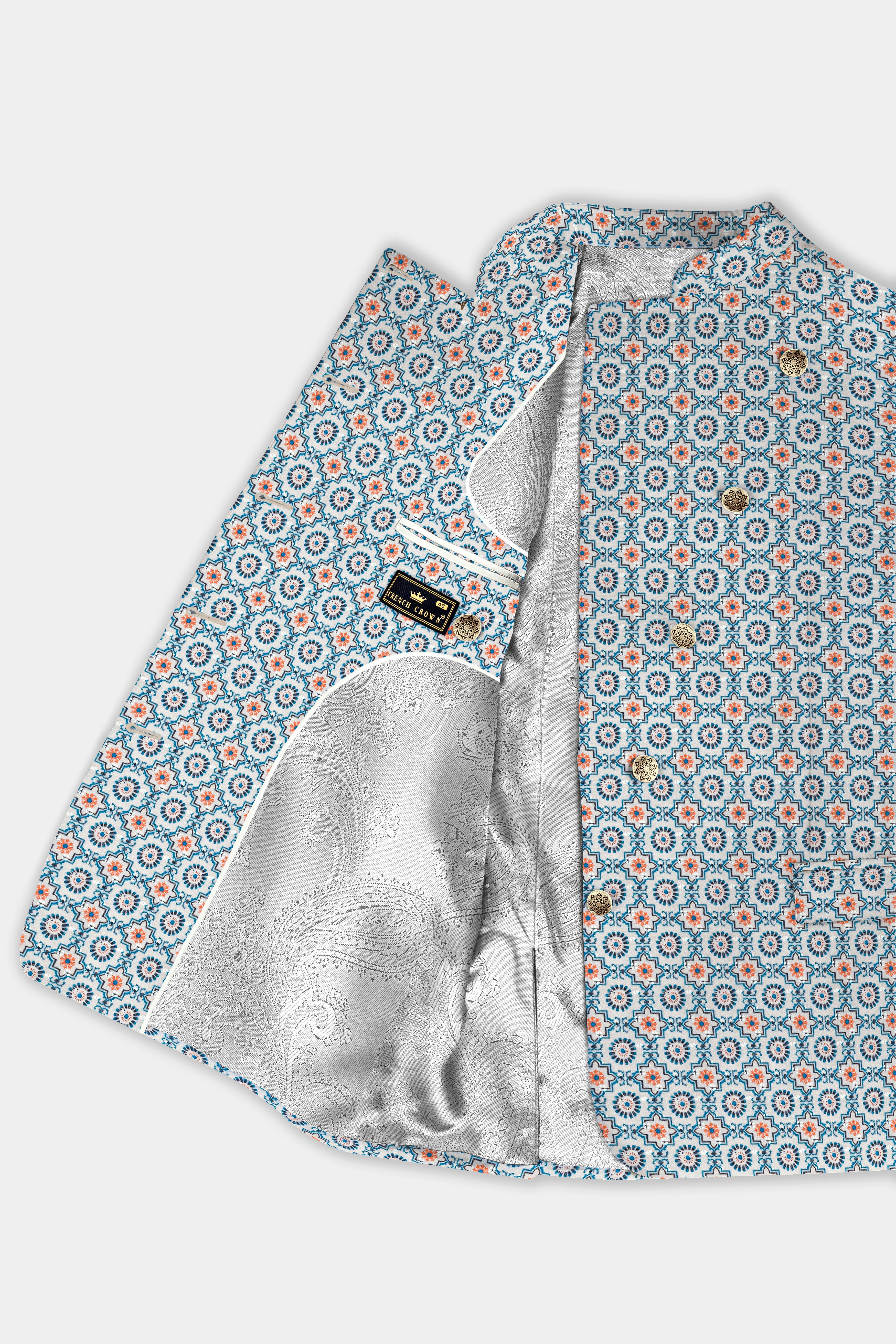Persian Blue And Crusta Orange hexagon Thread Embroidered Cross Placket Bandhgala Jodhpuri