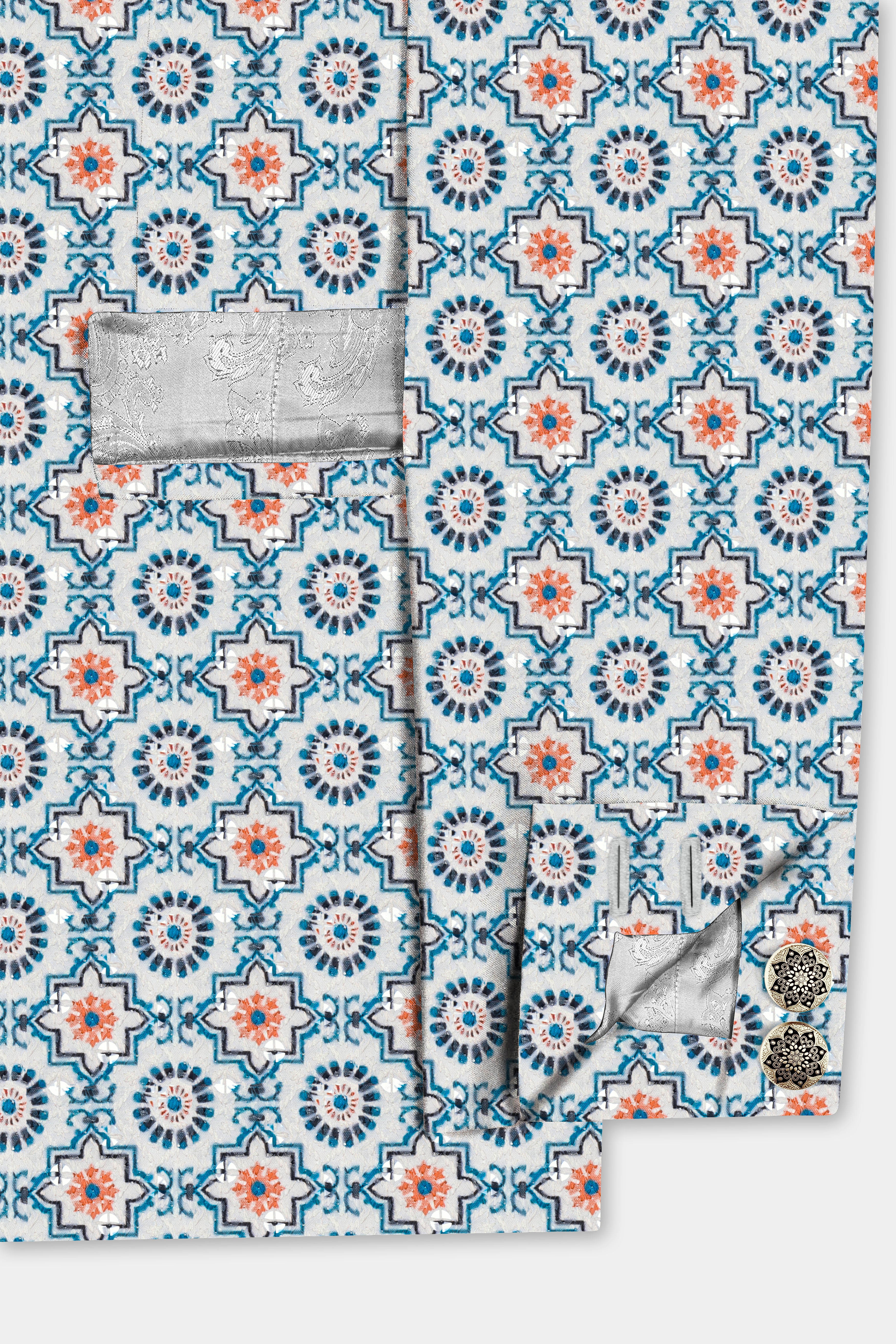 Persian Blue And Crusta Orange hexagon Thread Embroidered Cross Placket Bandhgala Jodhpuri