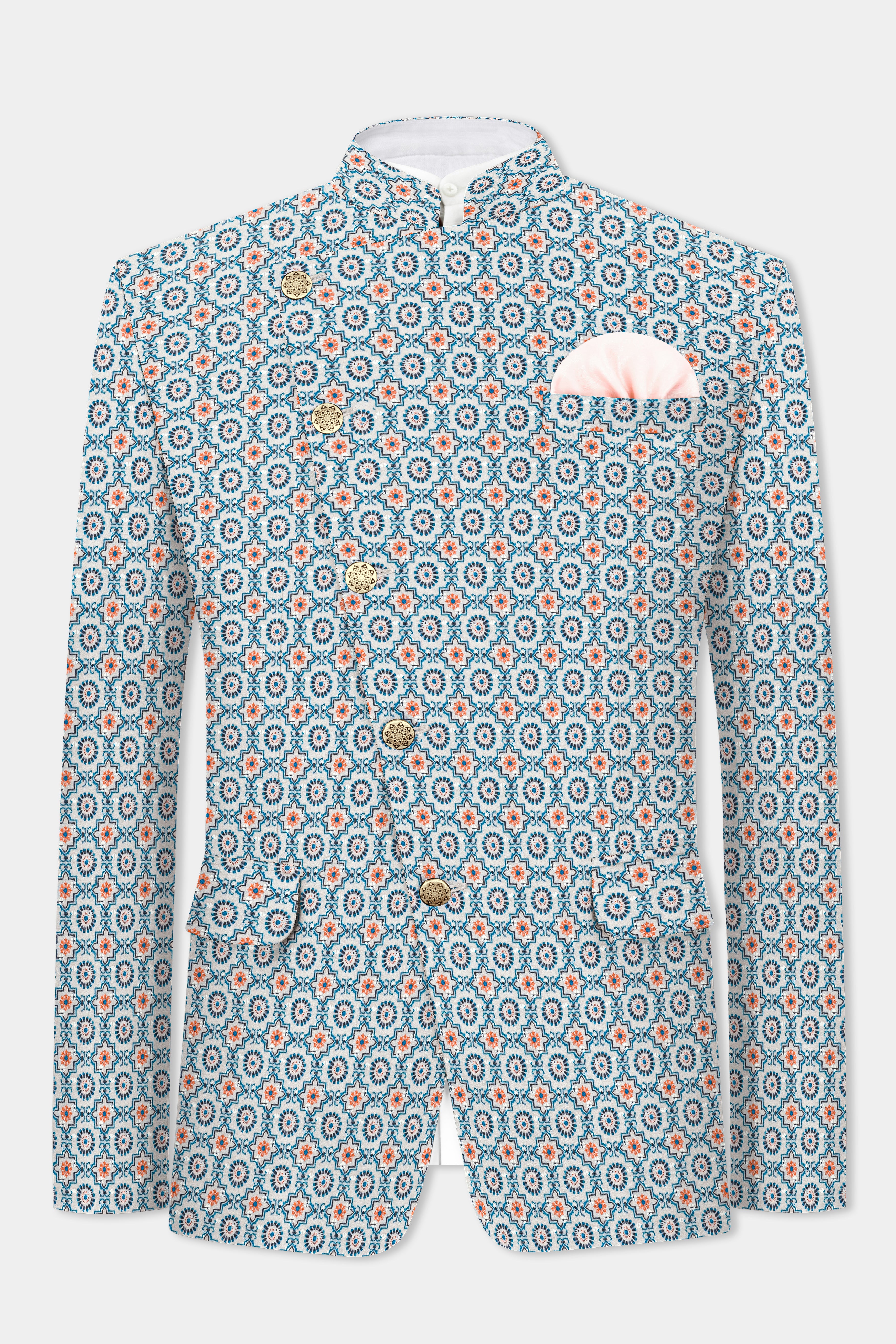 Persian Blue And Crusta Orange hexagon Thread Embroidered Cross Placket Bandhgala Jodhpuri