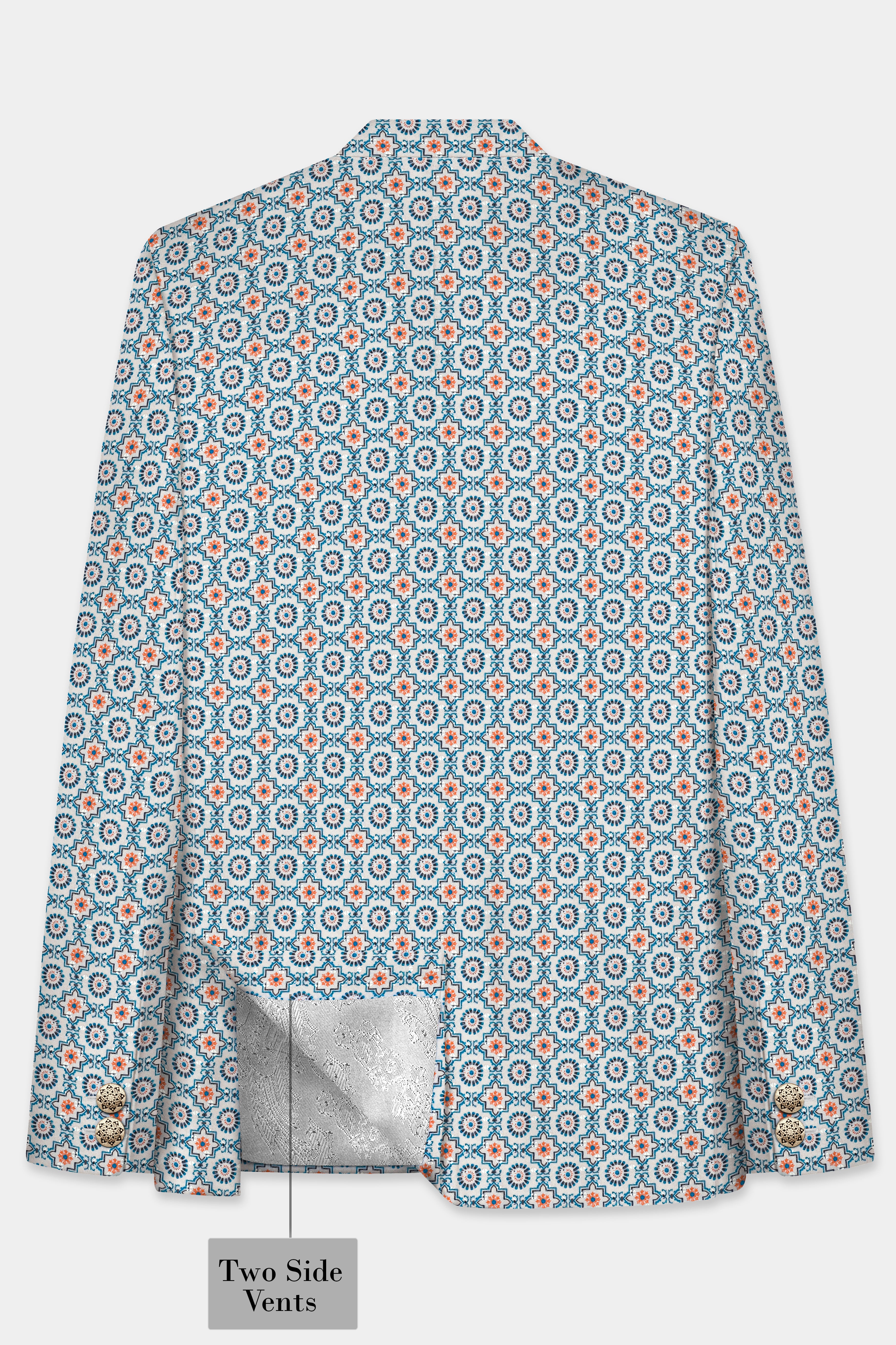 Persian Blue And Crusta Orange hexagon Thread Embroidered Cross Placket Bandhgala Jodhpuri