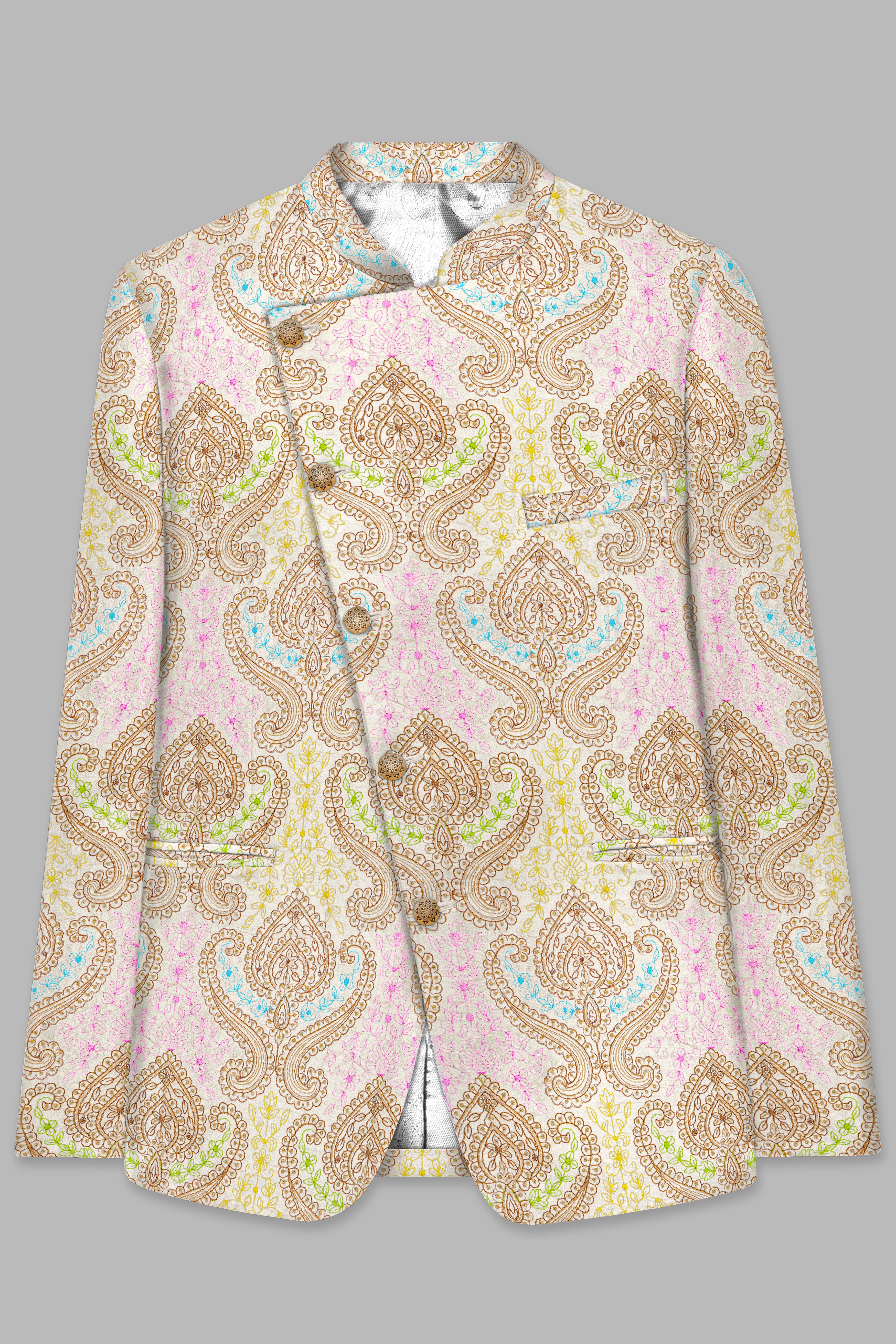 Neon Fuchsia Pink And Starship Yellow MultiColour Embroidered Cross Placket Bandhgala Jodhpuri