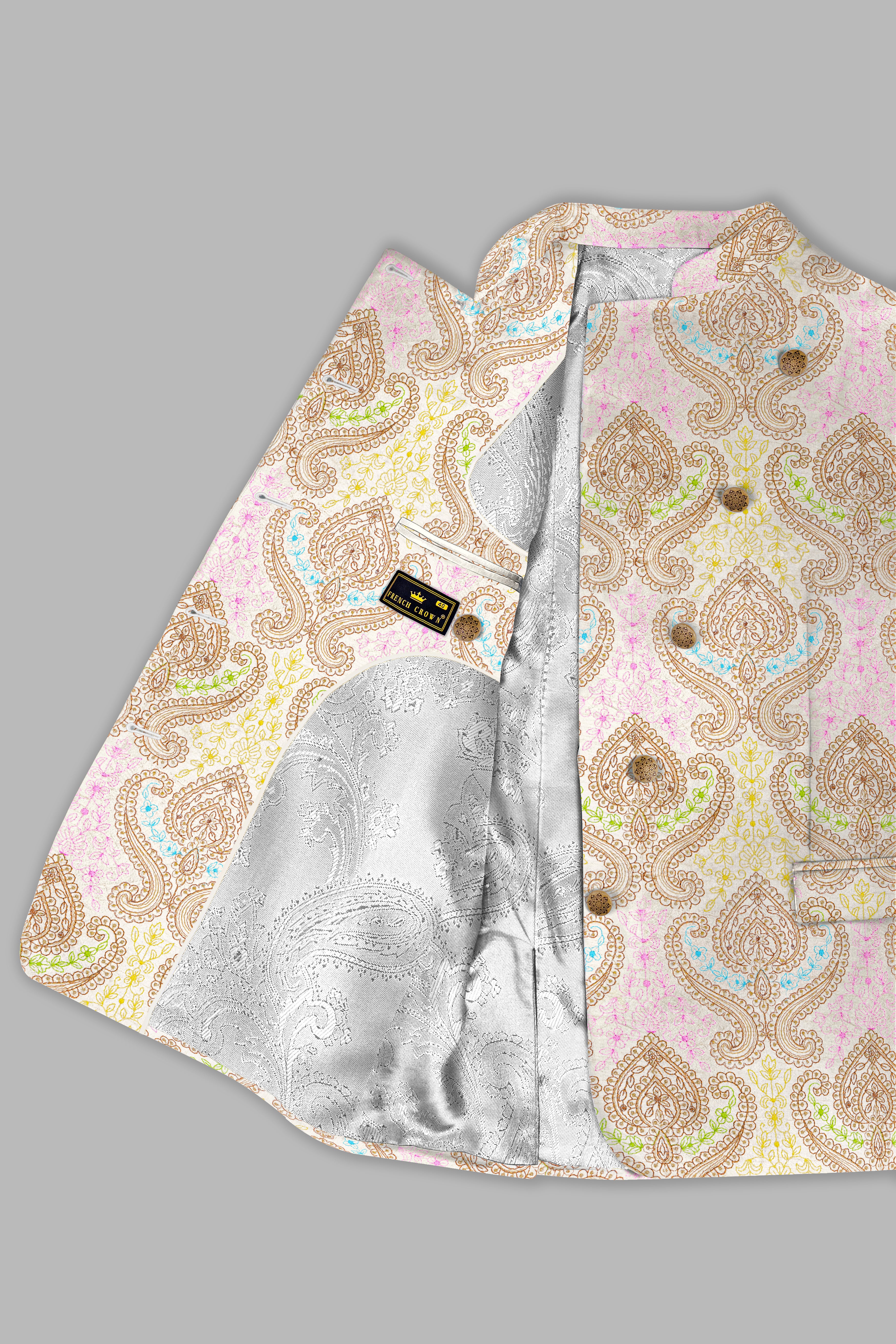 Neon Fuchsia Pink And Starship Yellow MultiColour Embroidered Cross Placket Bandhgala Jodhpuri