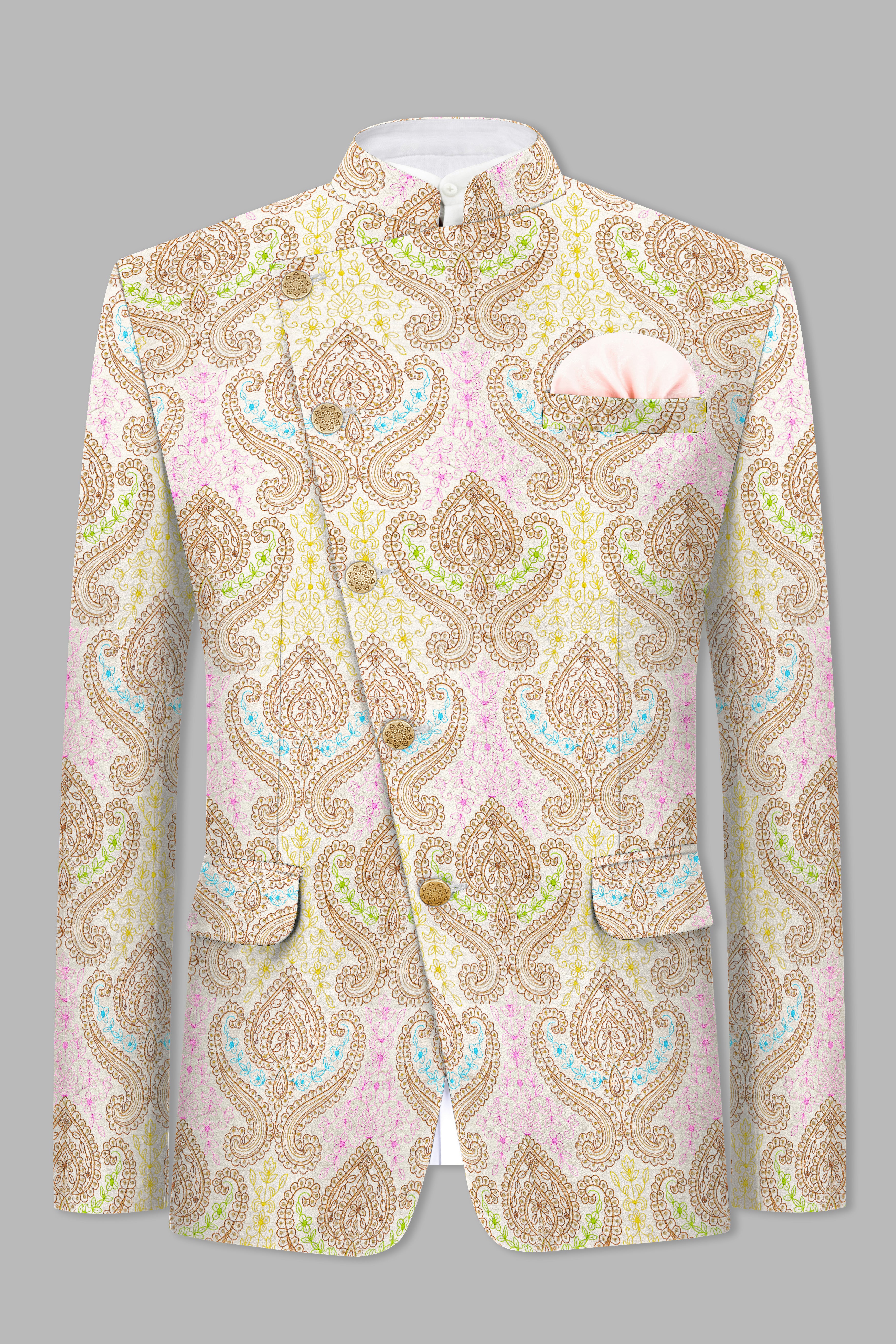 Neon Fuchsia Pink And Starship Yellow MultiColour Embroidered Cross Placket Bandhgala Jodhpuri