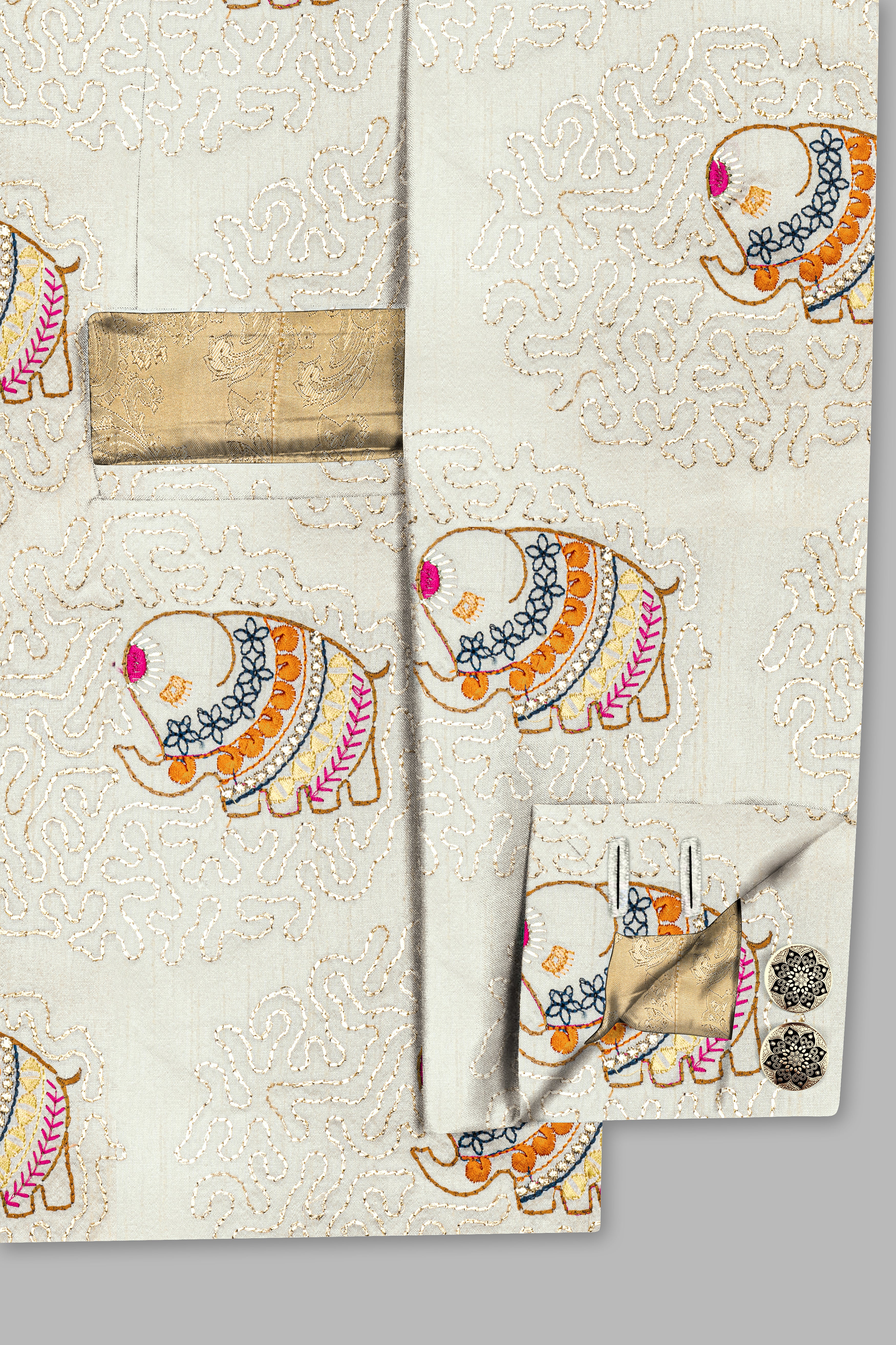 Soft Amber Cream Designer Elephant Embroidered Cross Placket Bandhgala Jodhpuri