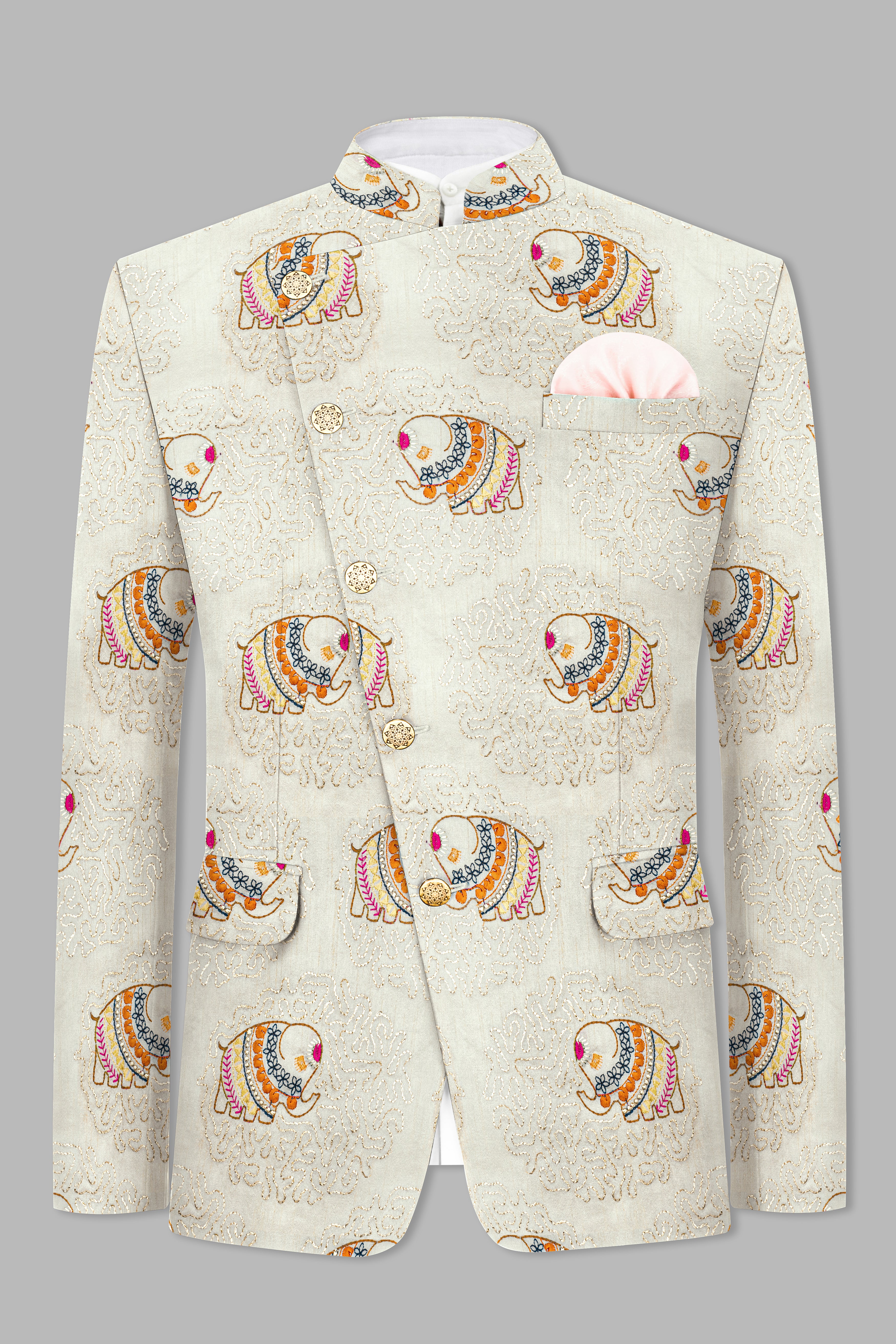 Soft Amber Cream Designer Elephant Embroidered Cross Placket Bandhgala Jodhpuri