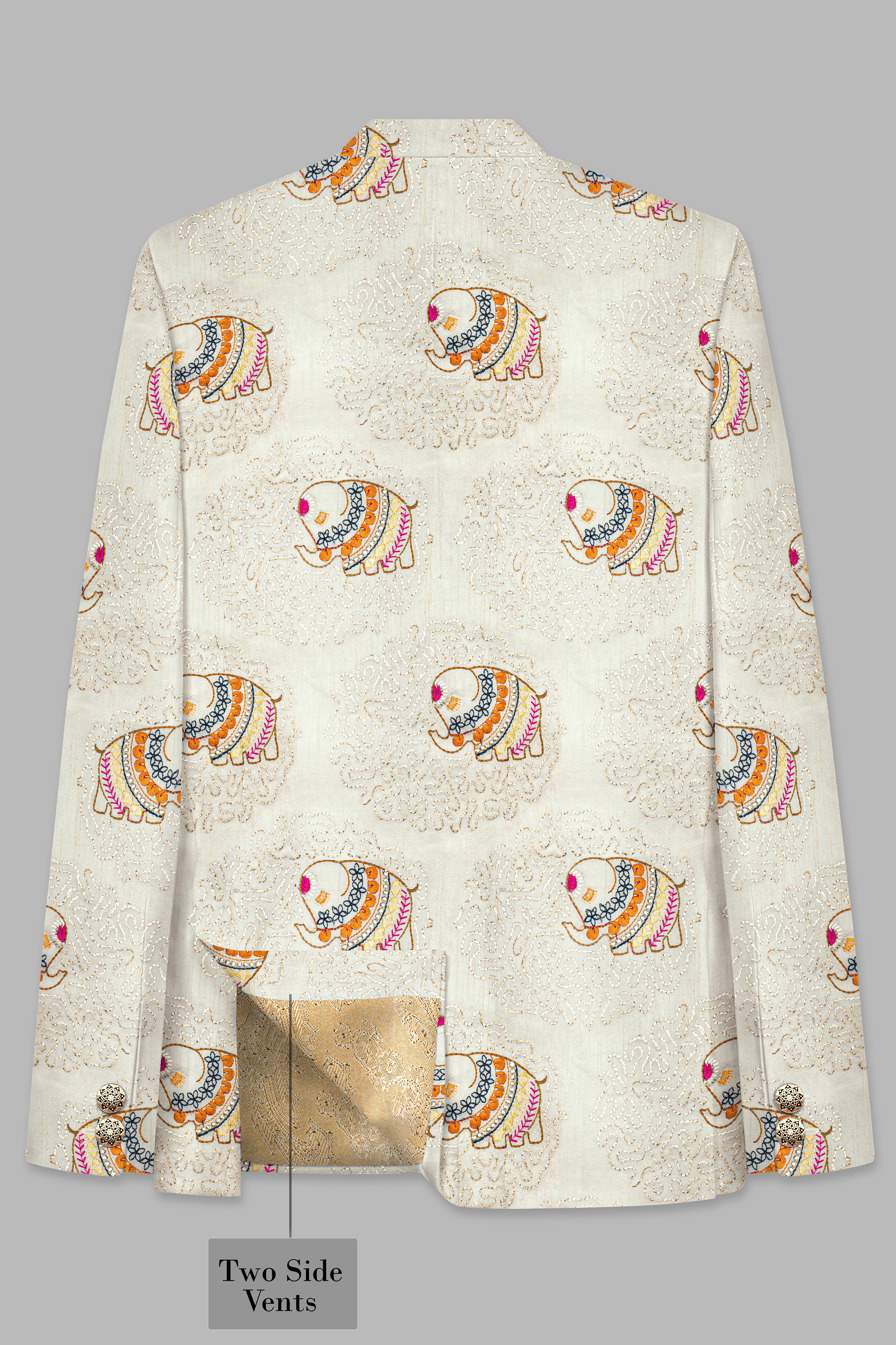 Soft Amber Cream Designer Elephant Embroidered Cross Placket Bandhgala Jodhpuri