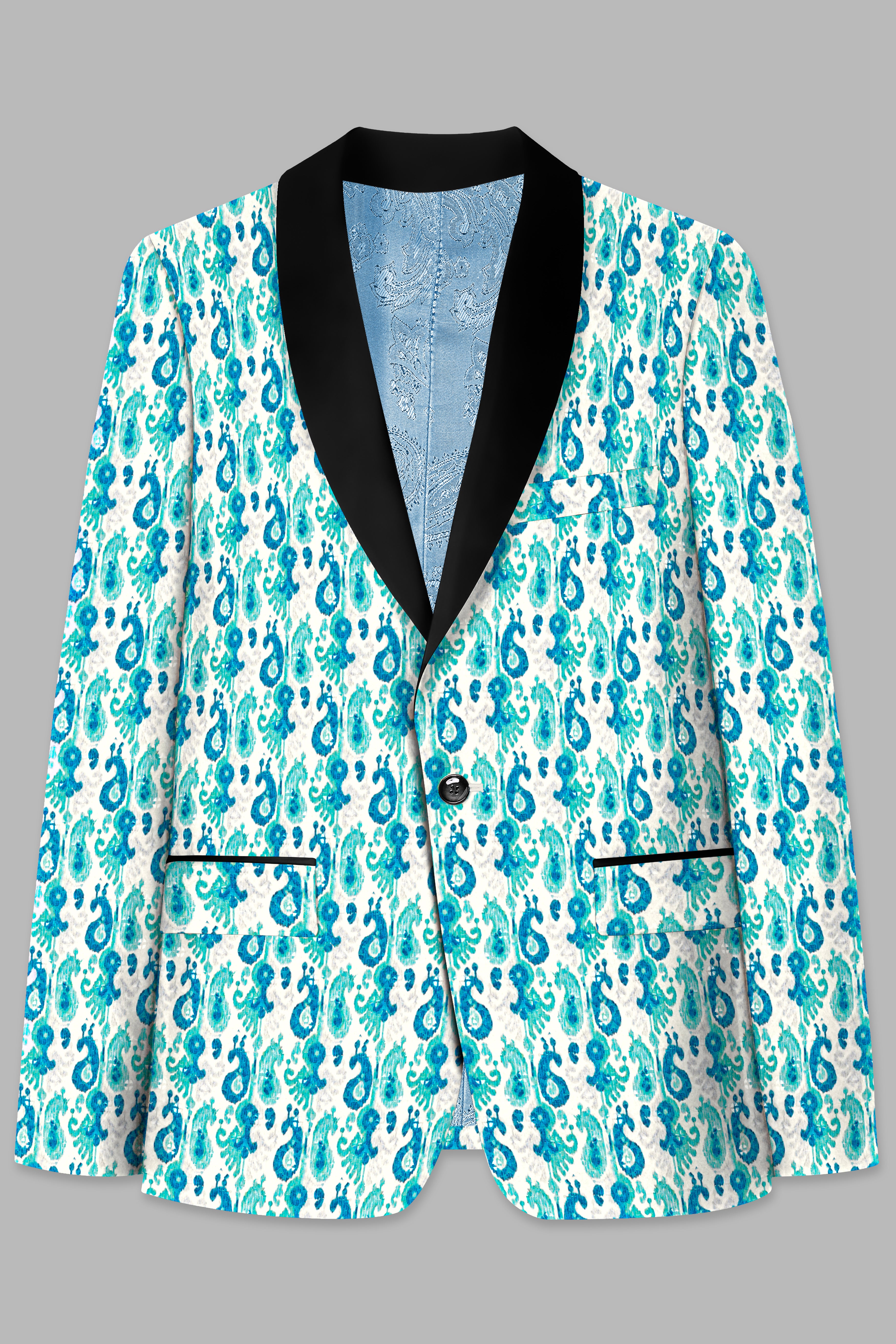 Bright White And Curious Blue Designer Thread Embroidered Tuxedo Blazer