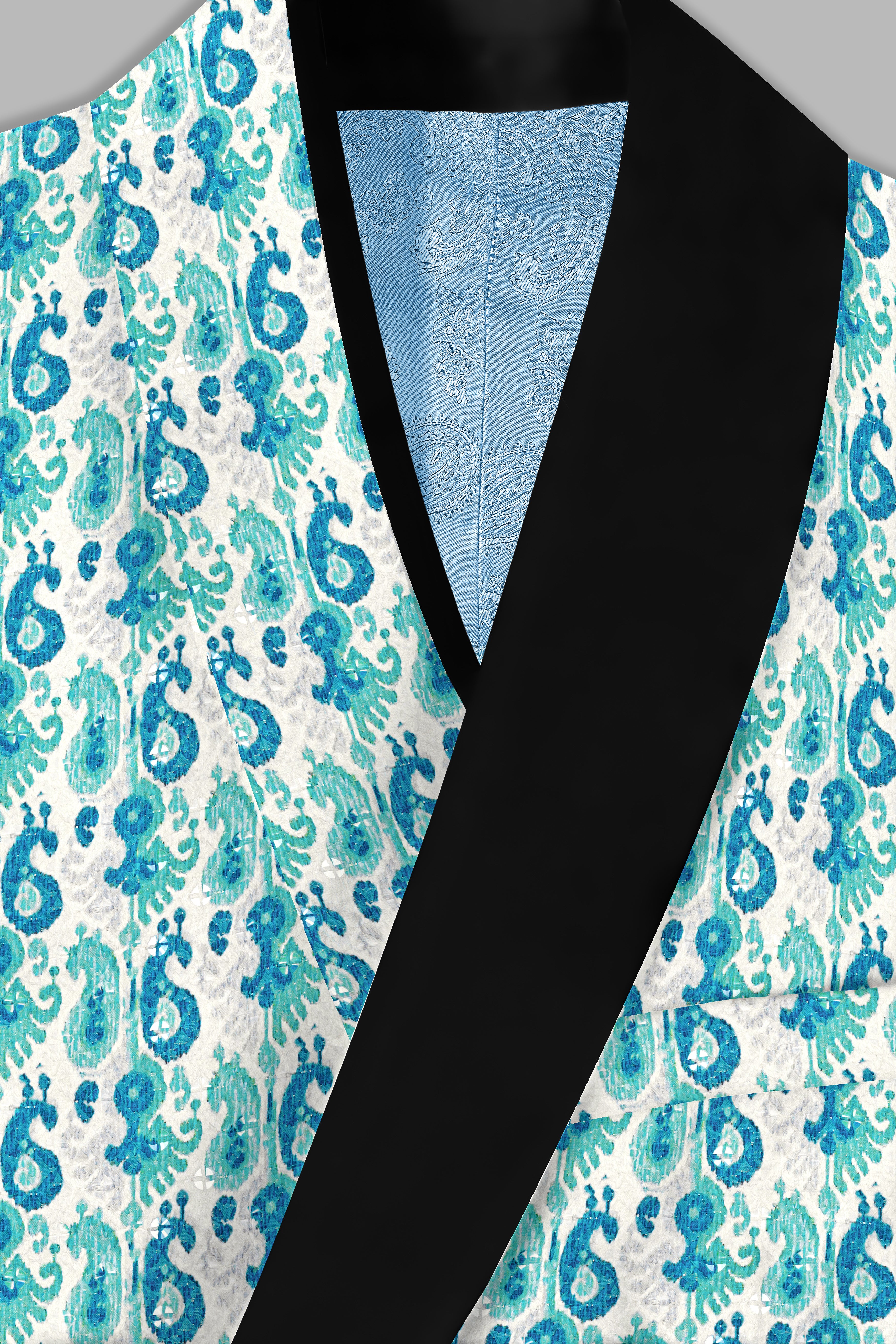 Bright White And Curious Blue Designer Thread Embroidered Tuxedo Blazer
