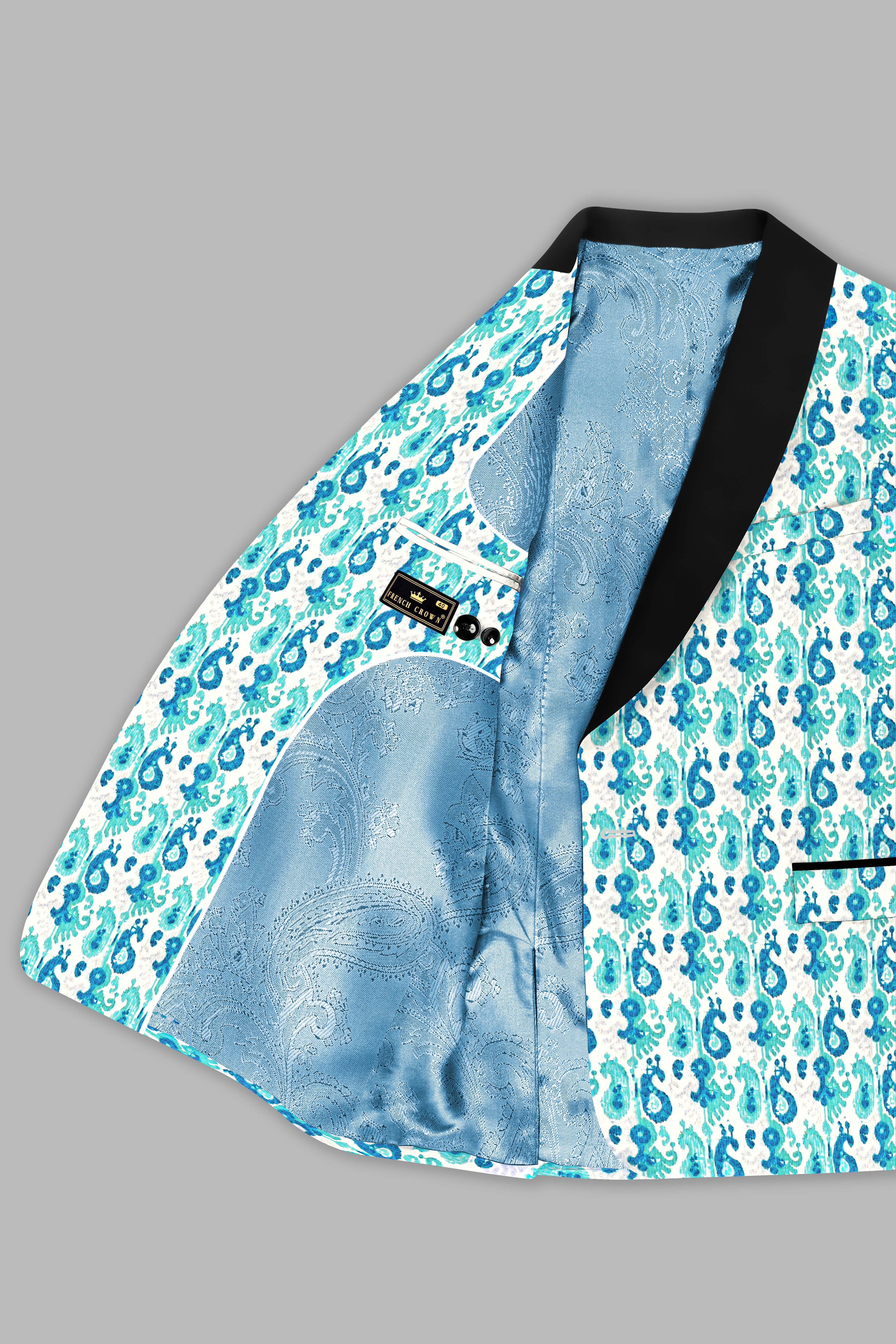 Bright White And Curious Blue Designer Thread Embroidered Tuxedo Blazer